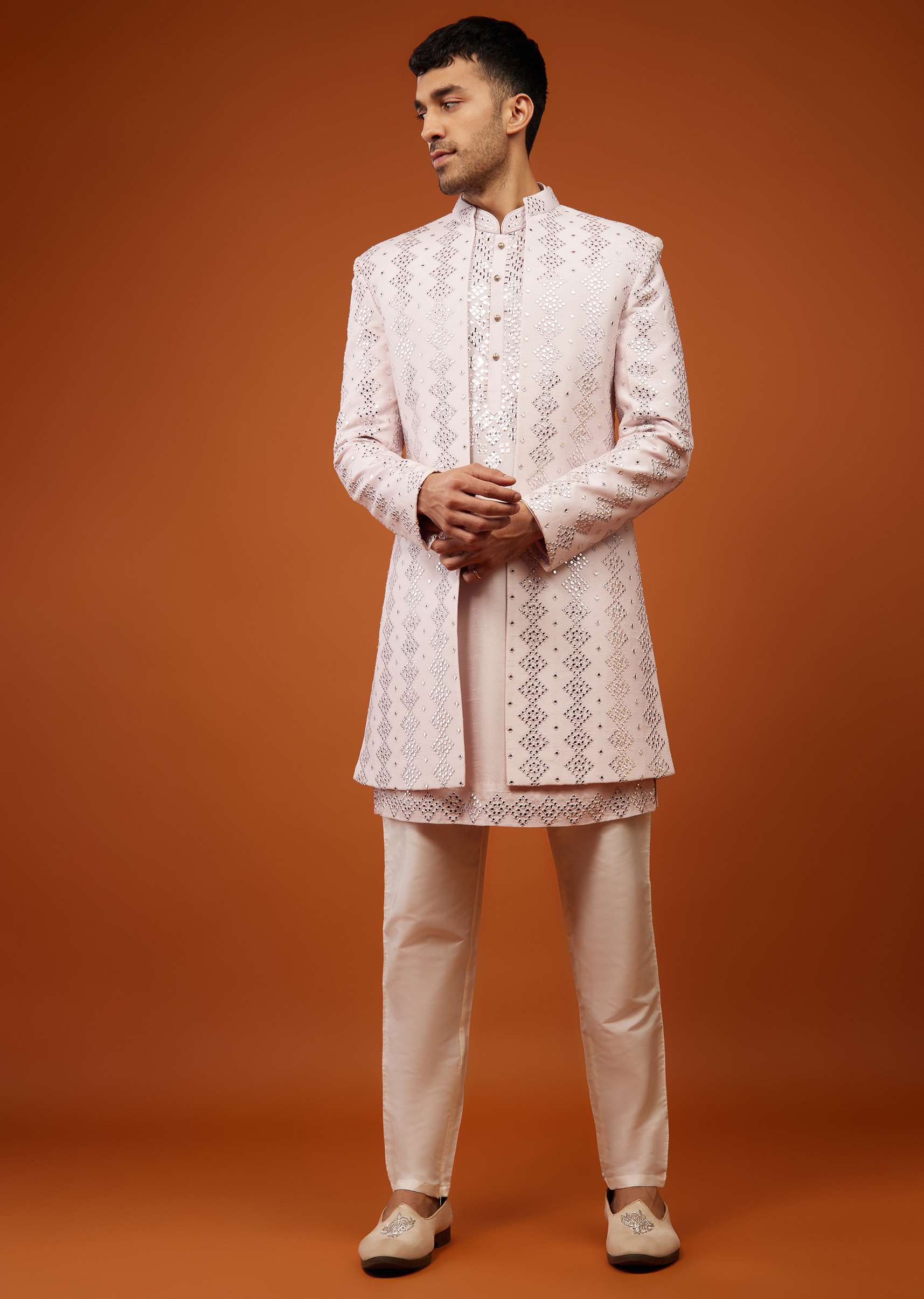 Candy Pink Embroidered Indo-Western Sherwani Set In Tussar Silk - Image 4