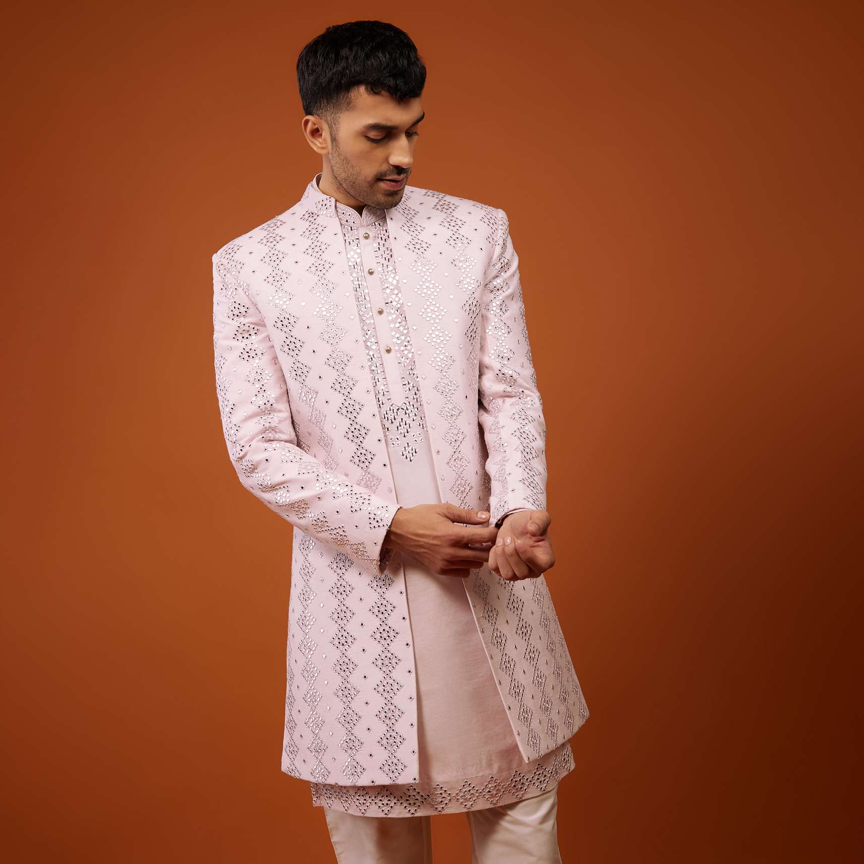 Candy Pink Embroidered Indo-Western Sherwani Set In Tussar Silk - Image 5
