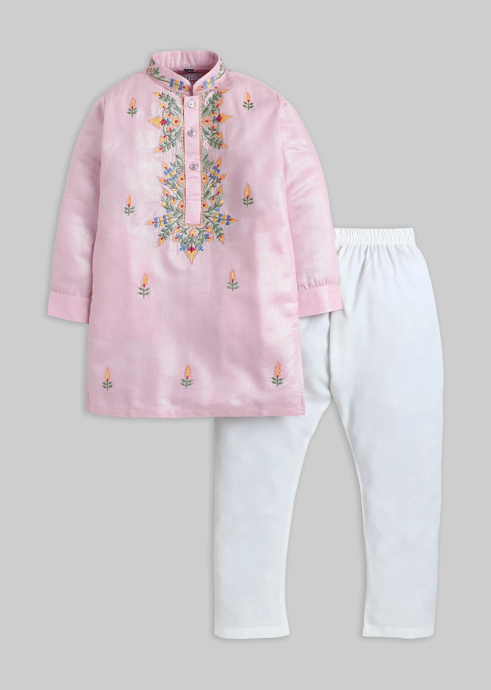Pink Embroidered Kurta Set For Boys