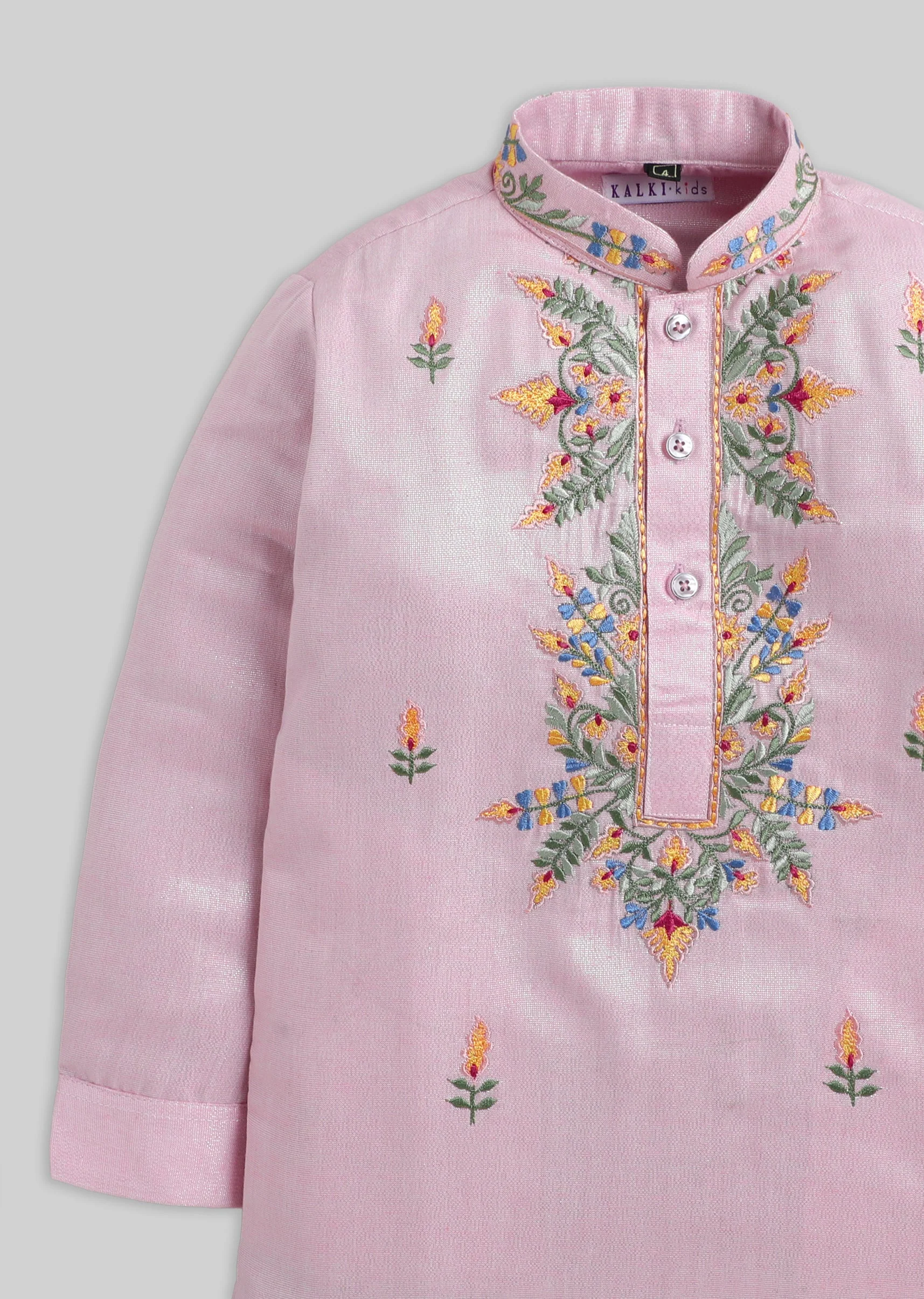 Pink Embroidered Kurta Set For Boys - Image 5