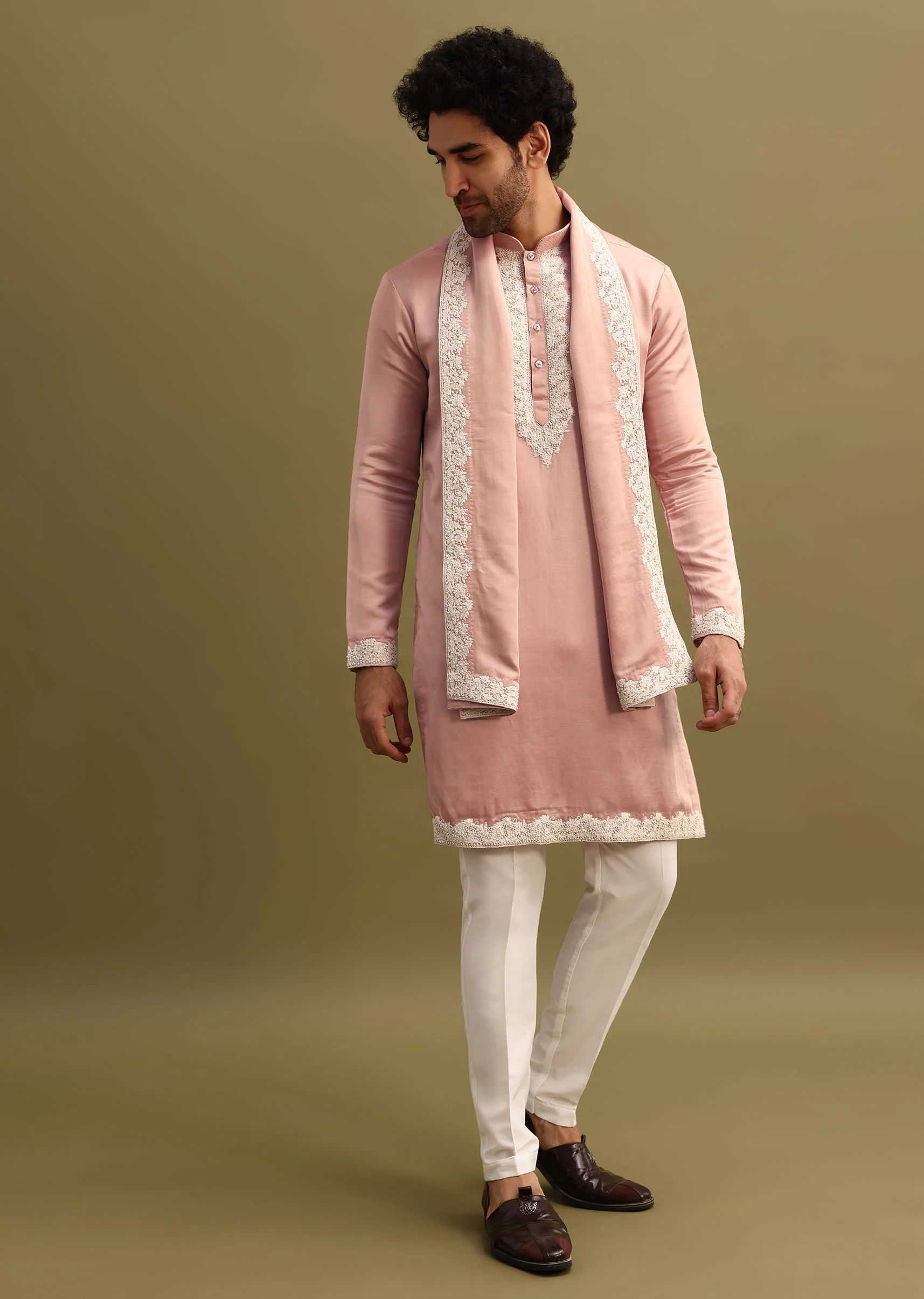 Pink Embroidered Kurta With Dupatta Set For Men - Image 3
