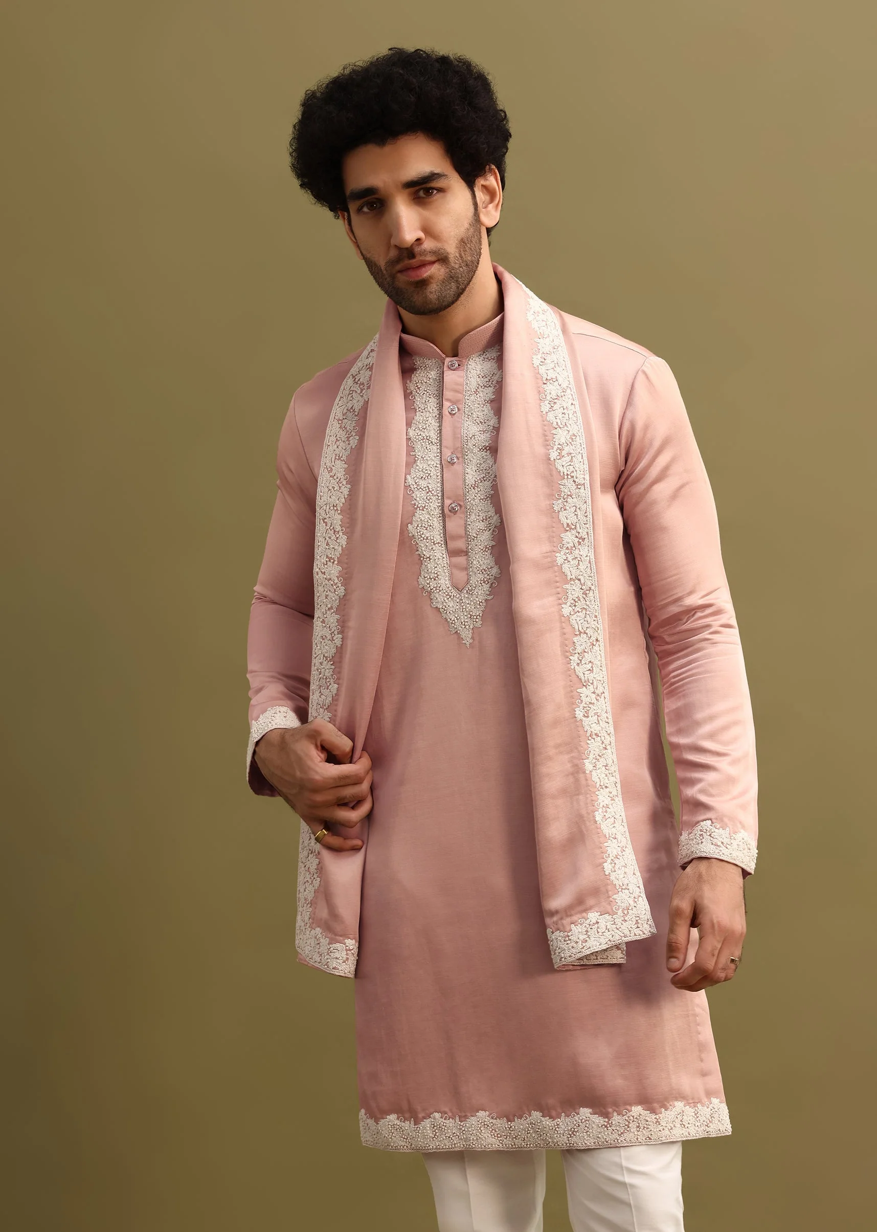 Pink Embroidered Kurta With Dupatta Set For Men - Image 4