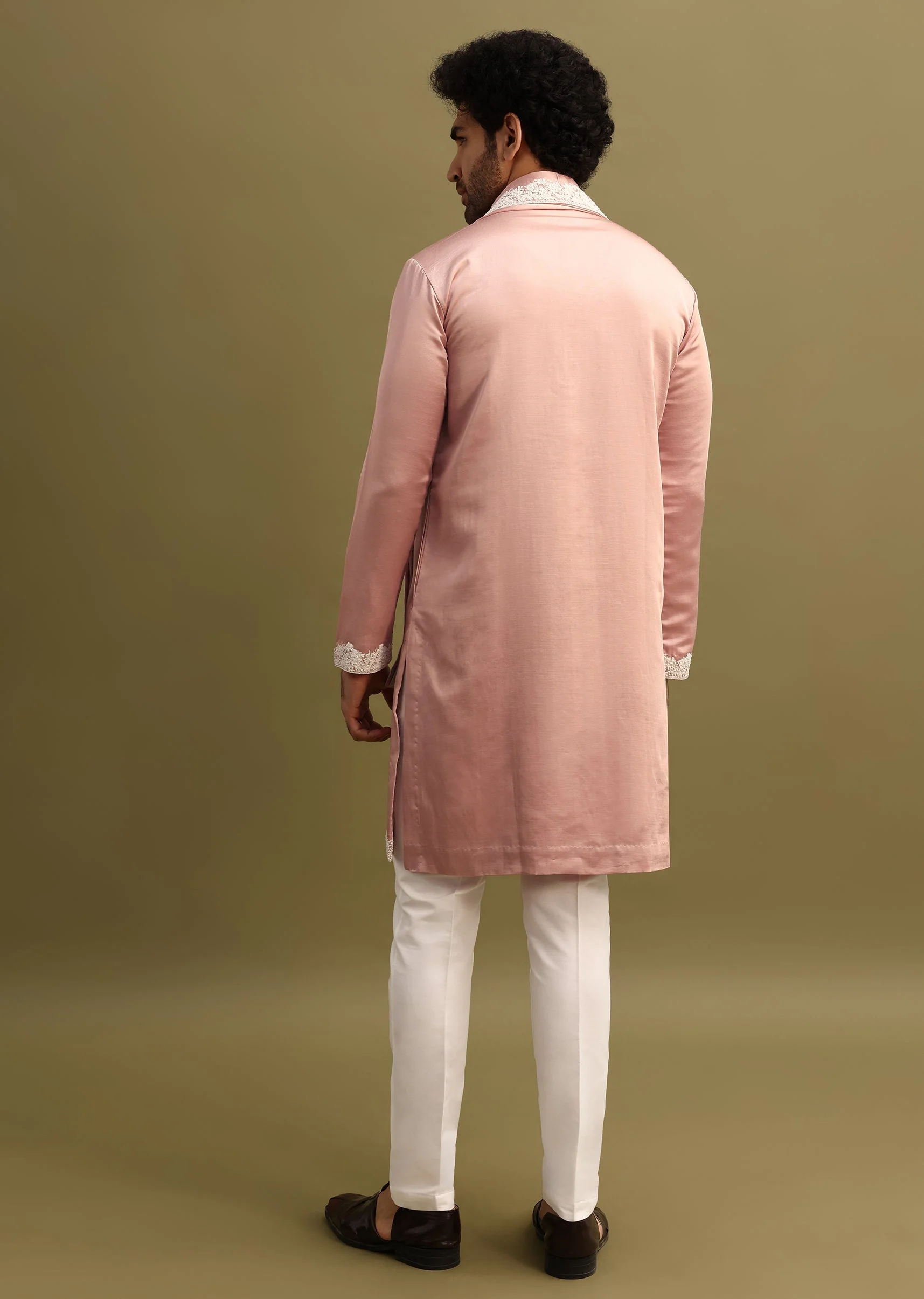 Pink Embroidered Kurta With Dupatta Set For Men - Image 5
