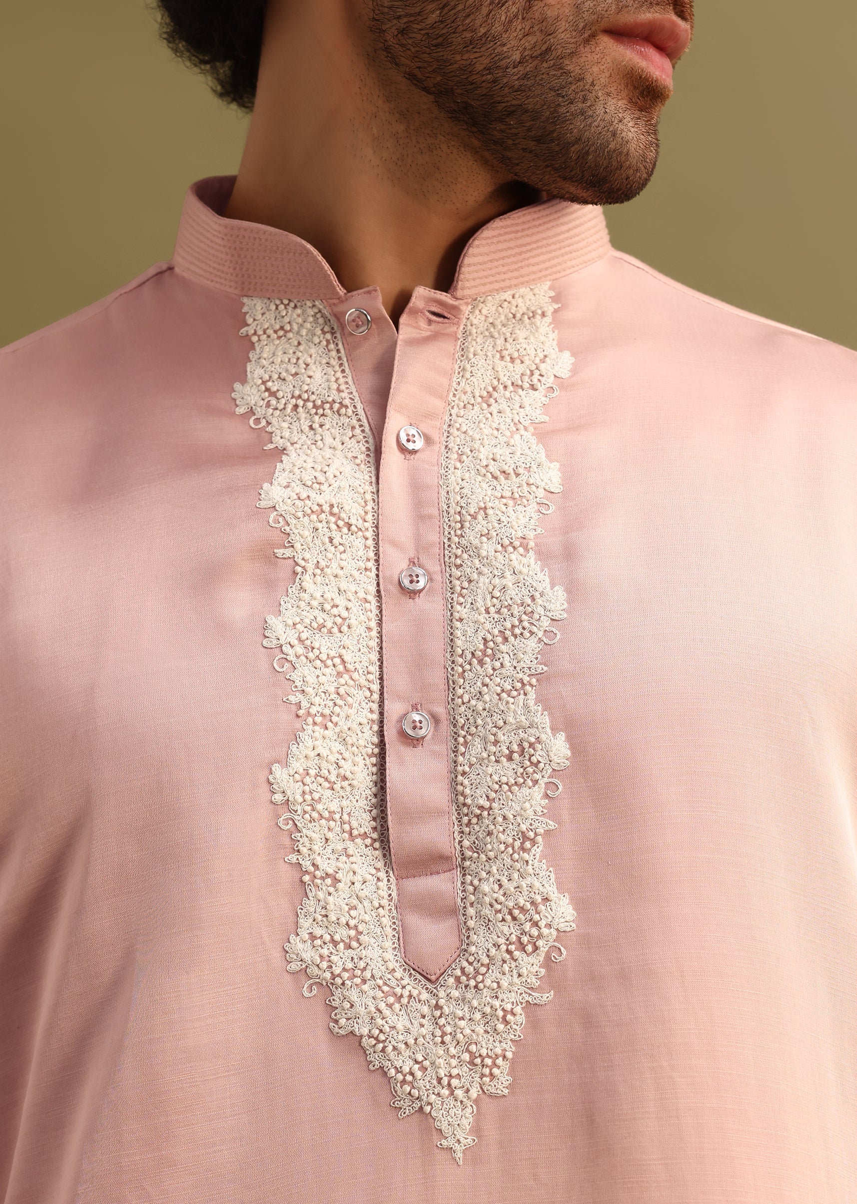Pink Embroidered Kurta With Dupatta Set For Men - Image 6