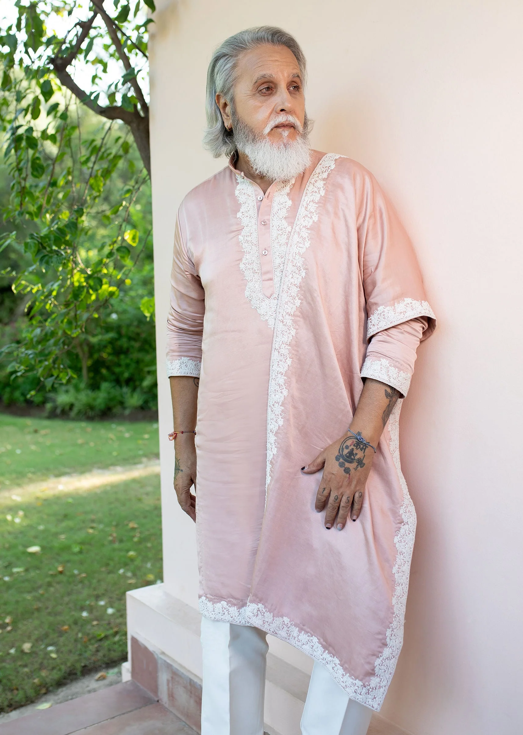 Pink Embroidered Kurta With Dupatta Set For Men - Image 9