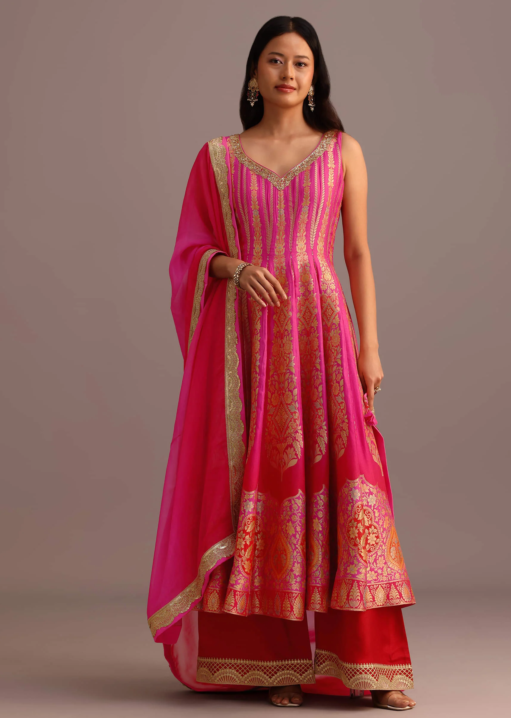 Pink Embroidered Kurti Palazzo With Organza Dupatta - Image 7