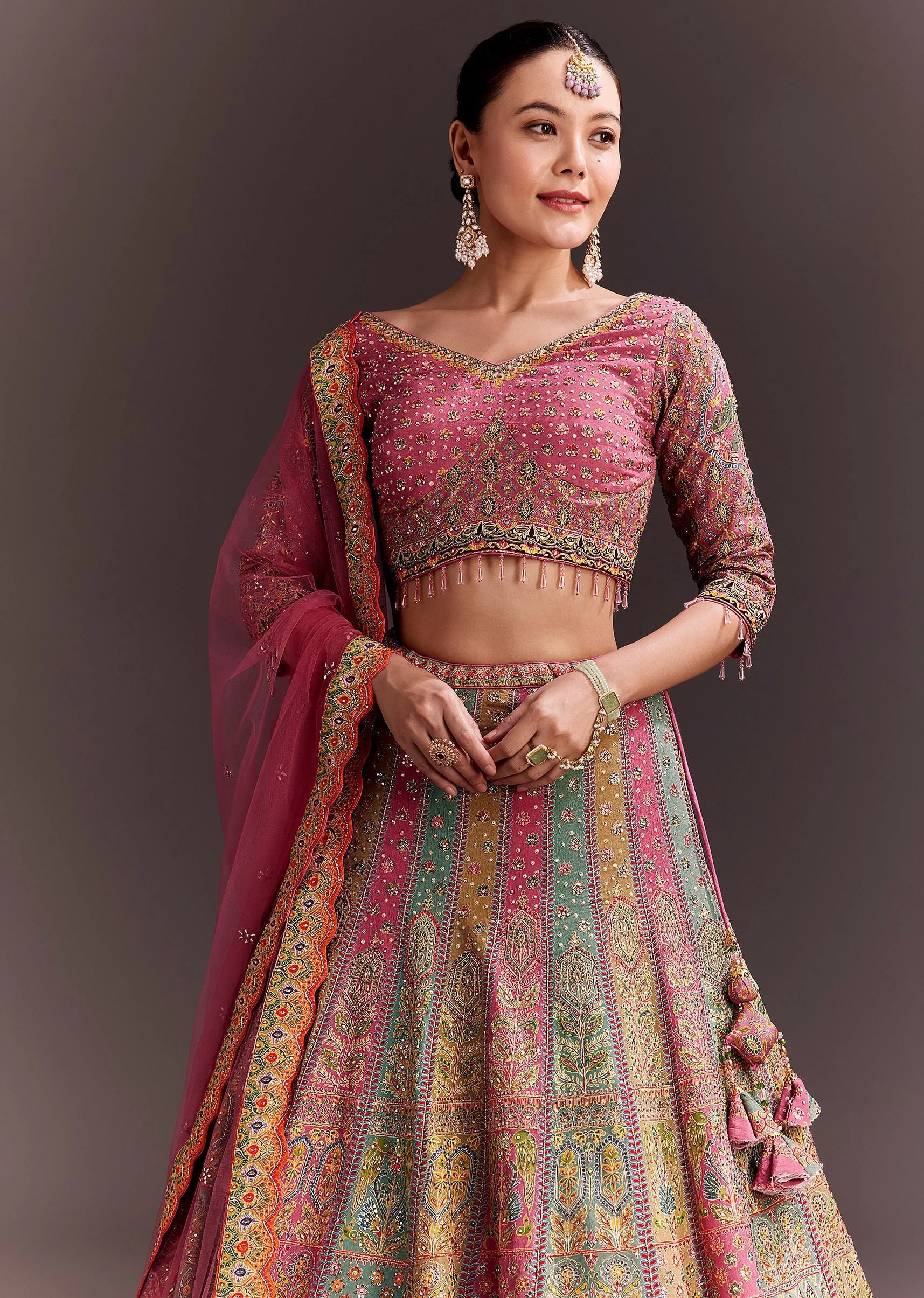 Pink Embroidered Lehenga Set With Net dupatta - Image 2
