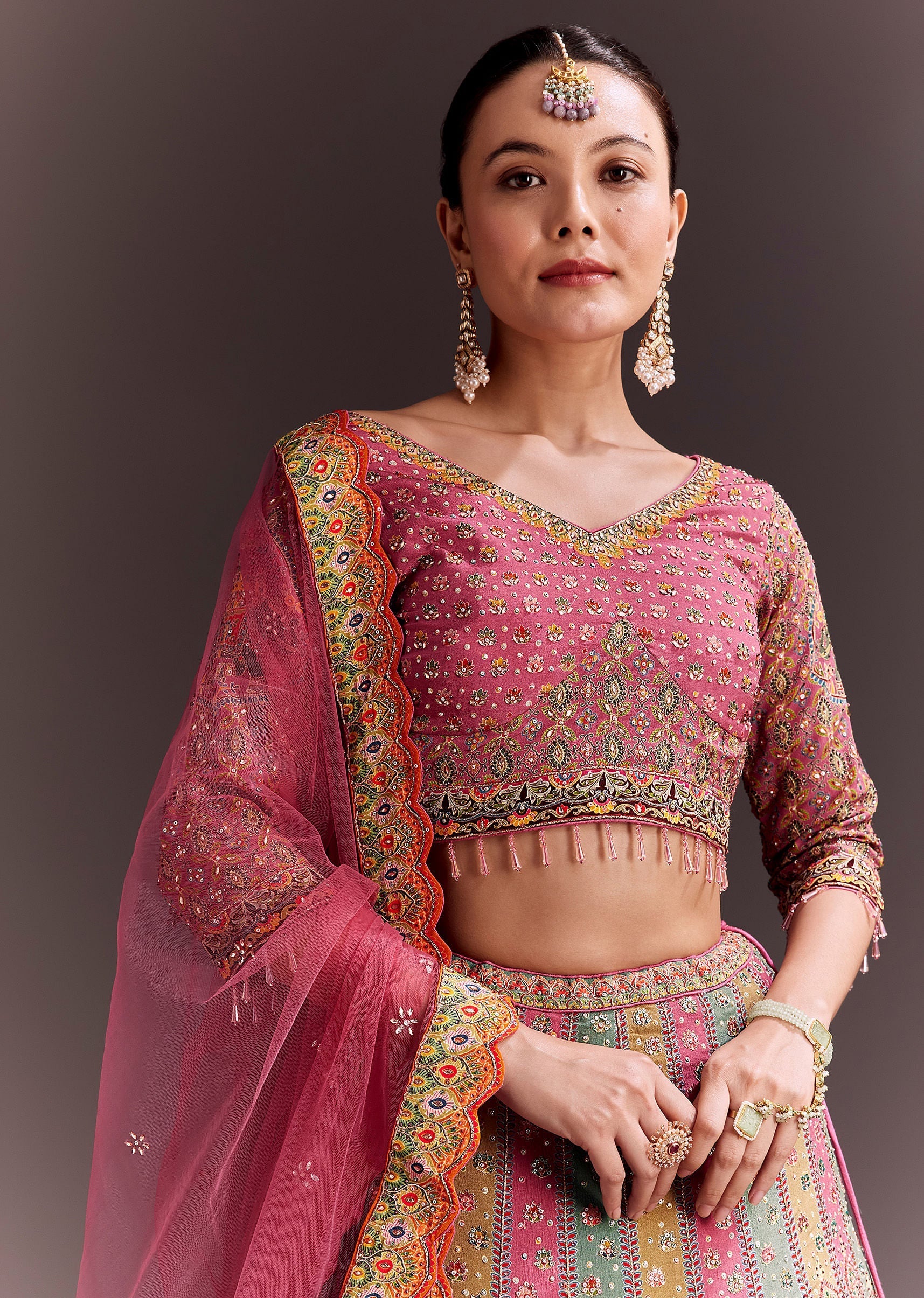 Pink Embroidered Lehenga Set With Net dupatta - Image 4