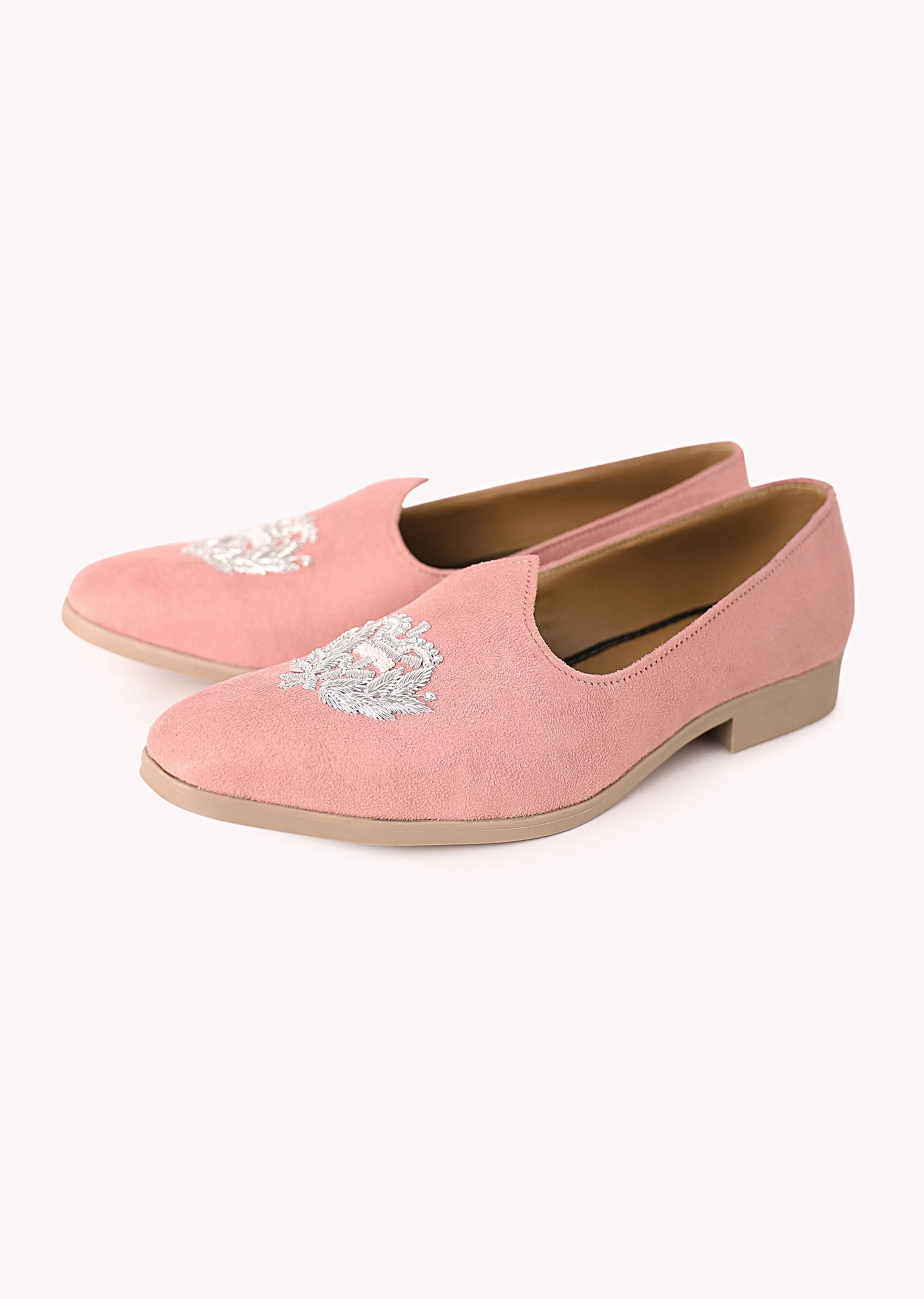 Pink Embroidered Juttis In Velvet - Image 9