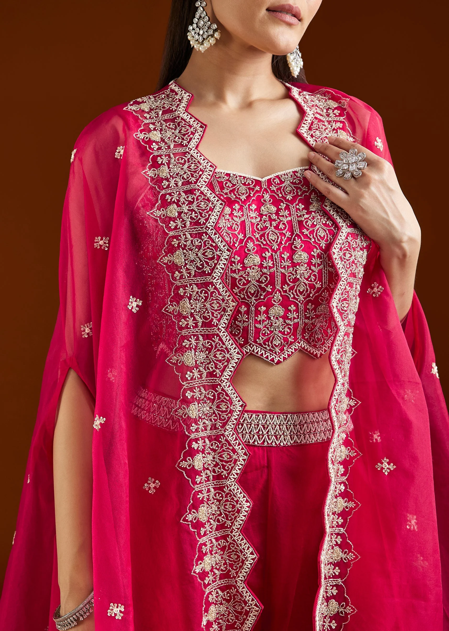 Pink Embroidered Organza Cape Palazzo Set - Image 2
