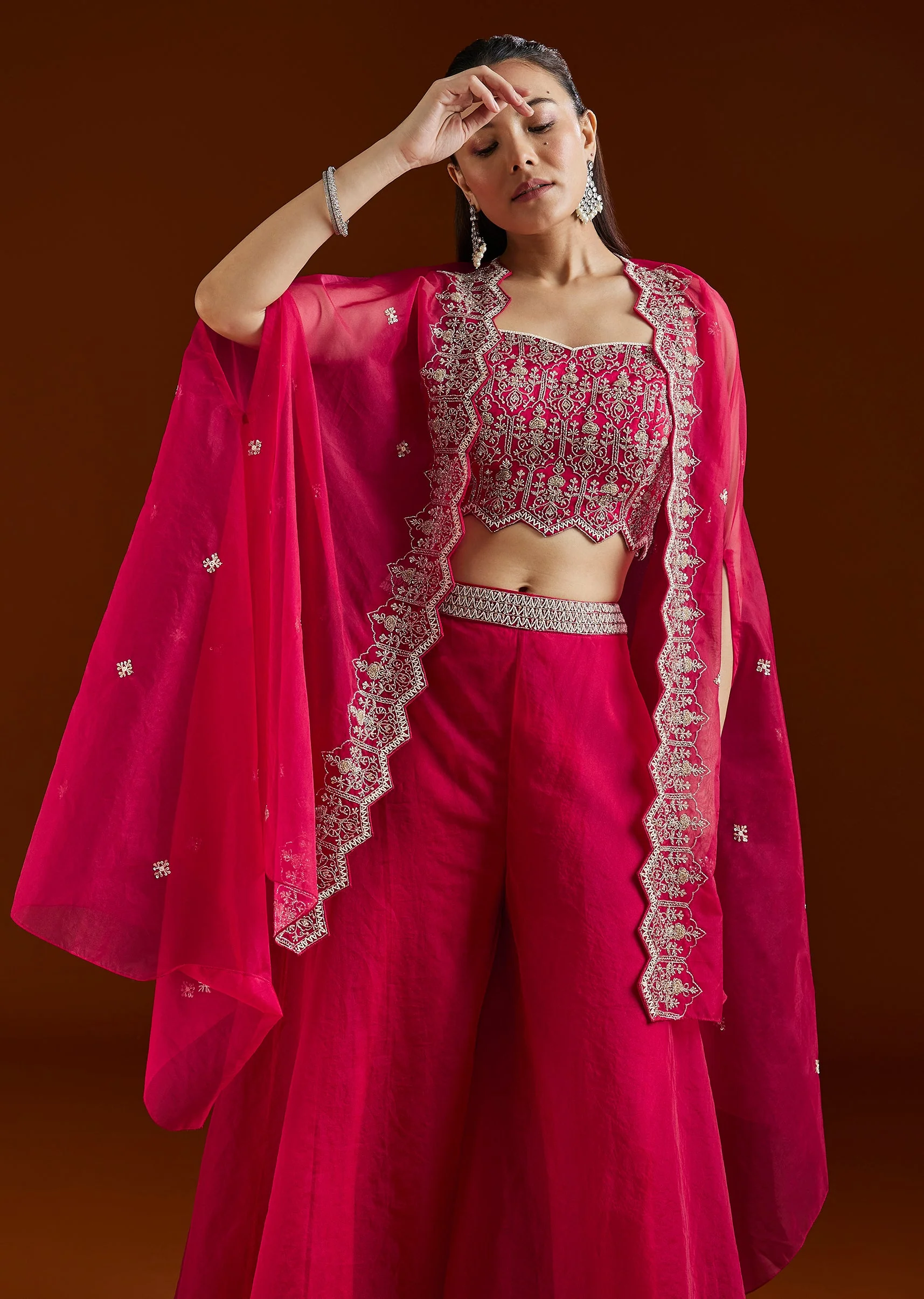 Pink Embroidered Organza Cape Palazzo Set - Image 4