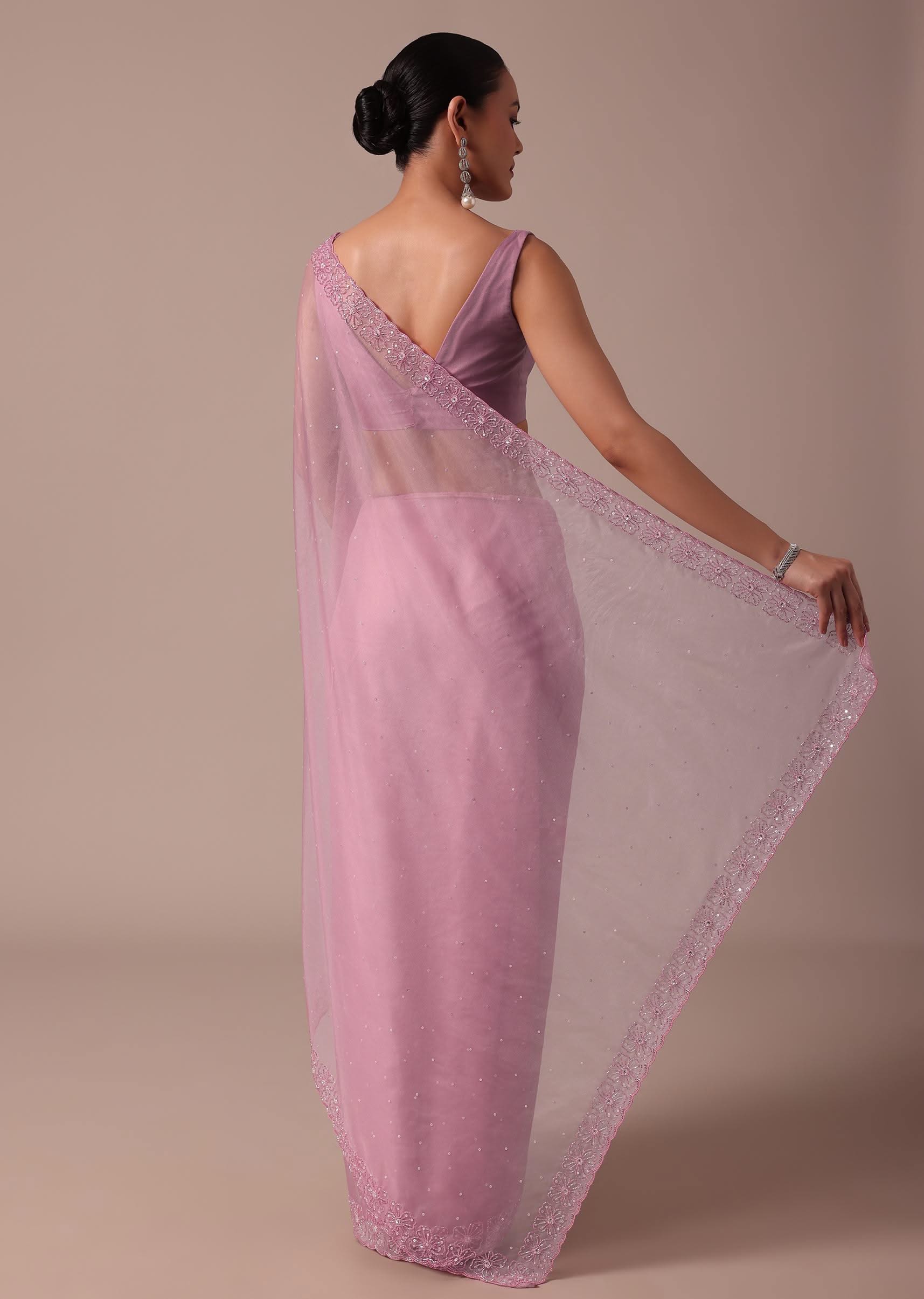 Pink Embroidered Organza Saree With Unstitched Blouse - Image 4
