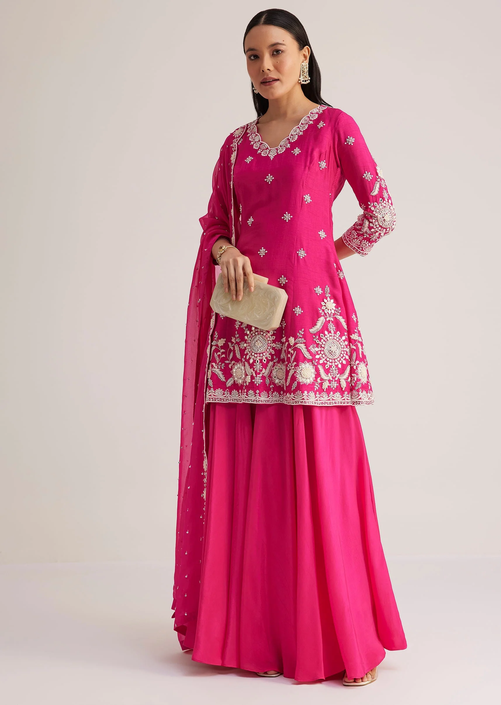Pink Embroidered Palazzo Suit With Dupatta - Image 4