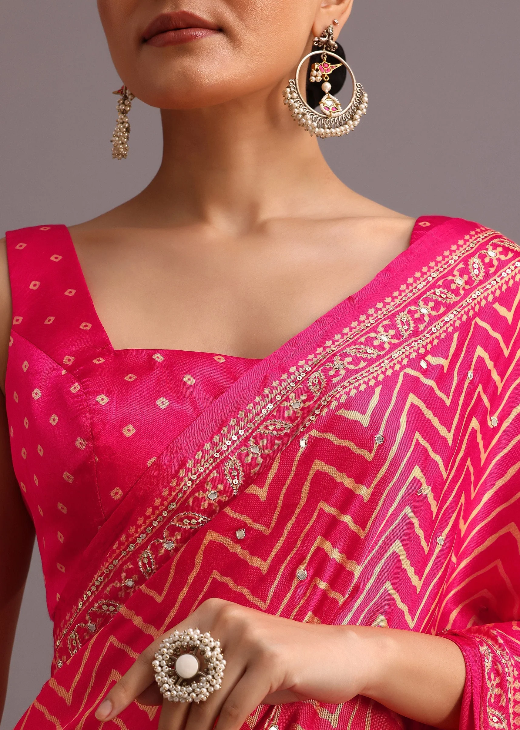 Pink Embroidered Satin Ajrakh Block Print Saree With Mirror Work - Image 5