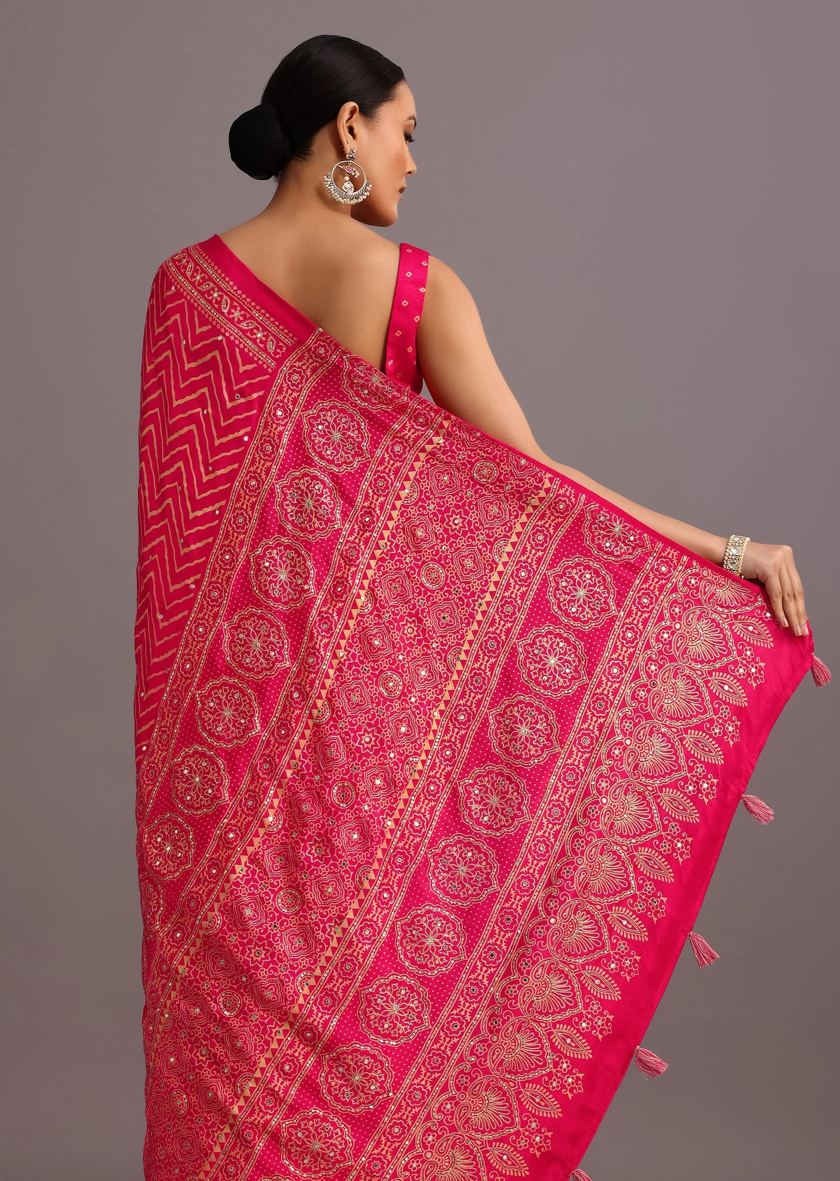 Pink Embroidered Satin Ajrakh Block Print Saree With Mirror Work - Image 6