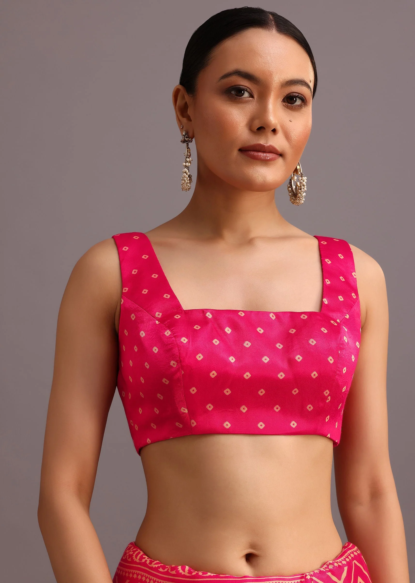 Pink Embroidered Satin Ajrakh Block Print Saree With Mirror Work - Image 7