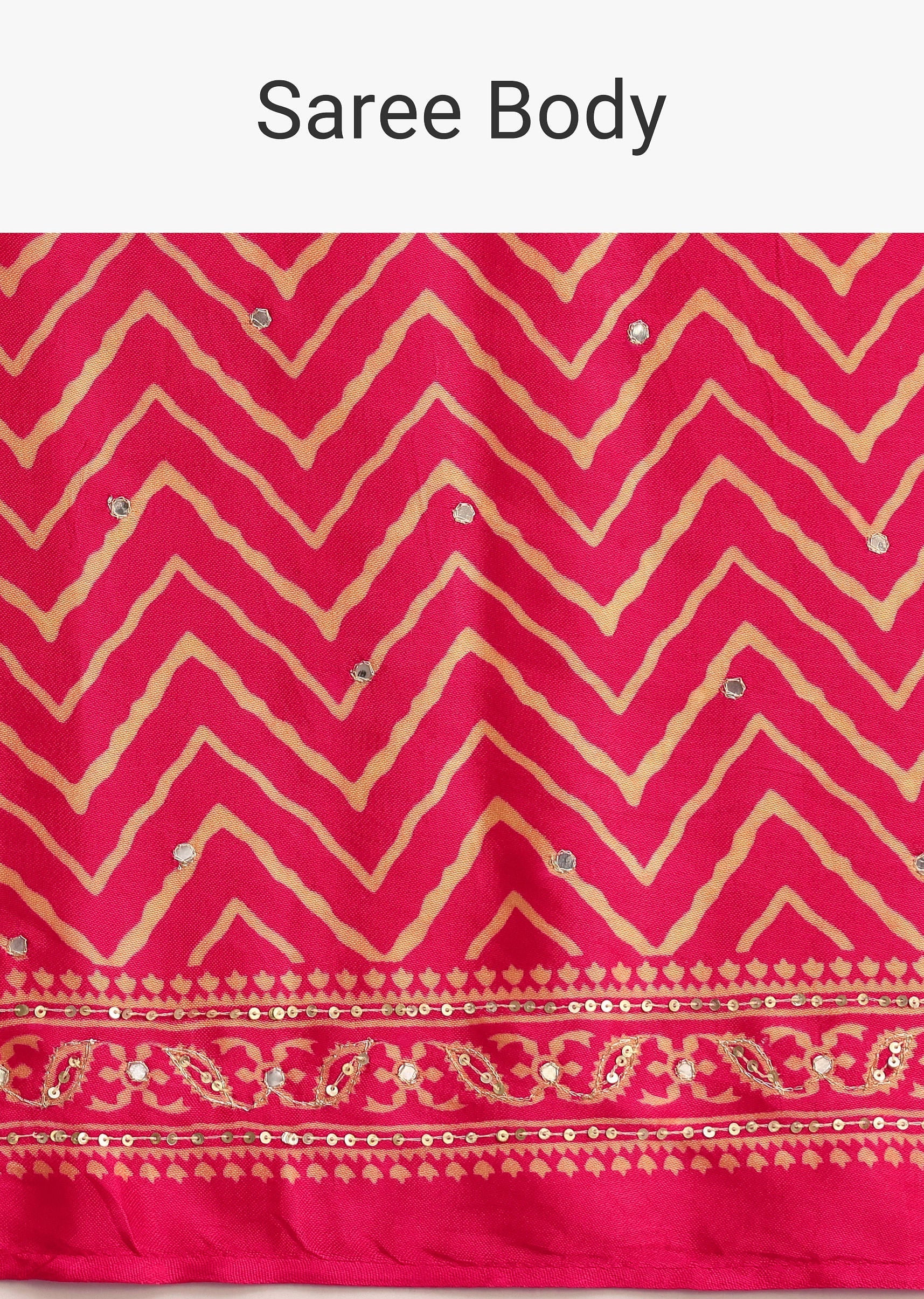 Pink Embroidered Satin Ajrakh Block Print Saree With Mirror Work - Image 9