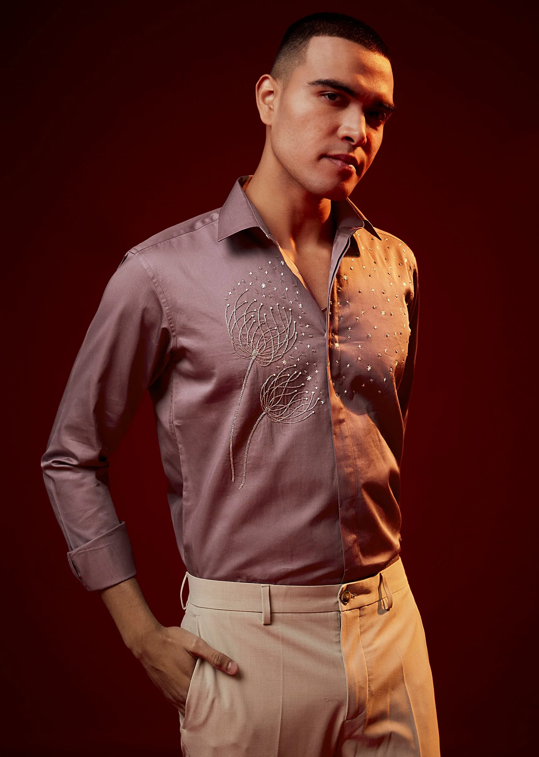 Pink Embroidered Silk Blend Mandarin Collar Shirt - Image 4