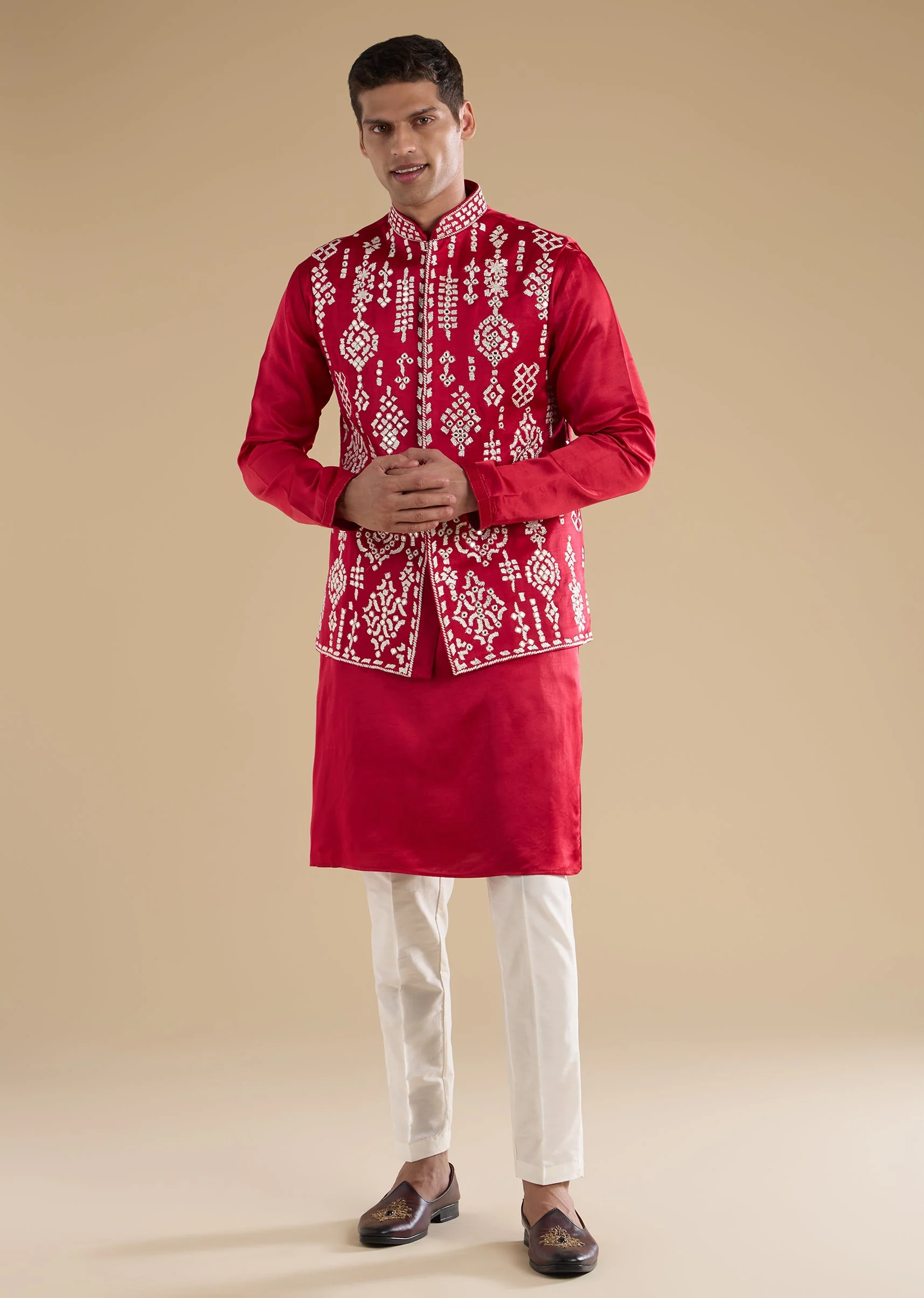 Pink Embroidered Silk Kurta Jacket Set