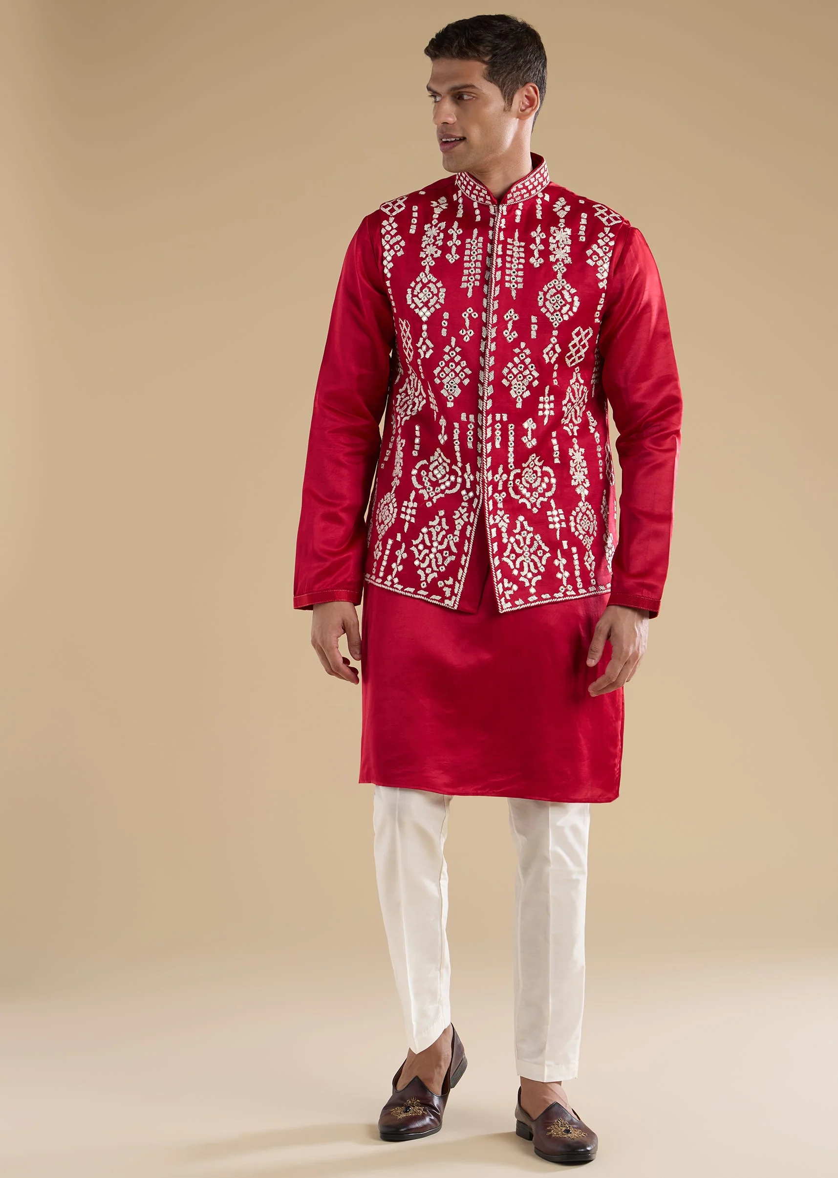 Pink Embroidered Silk Kurta Jacket Set - Image 3
