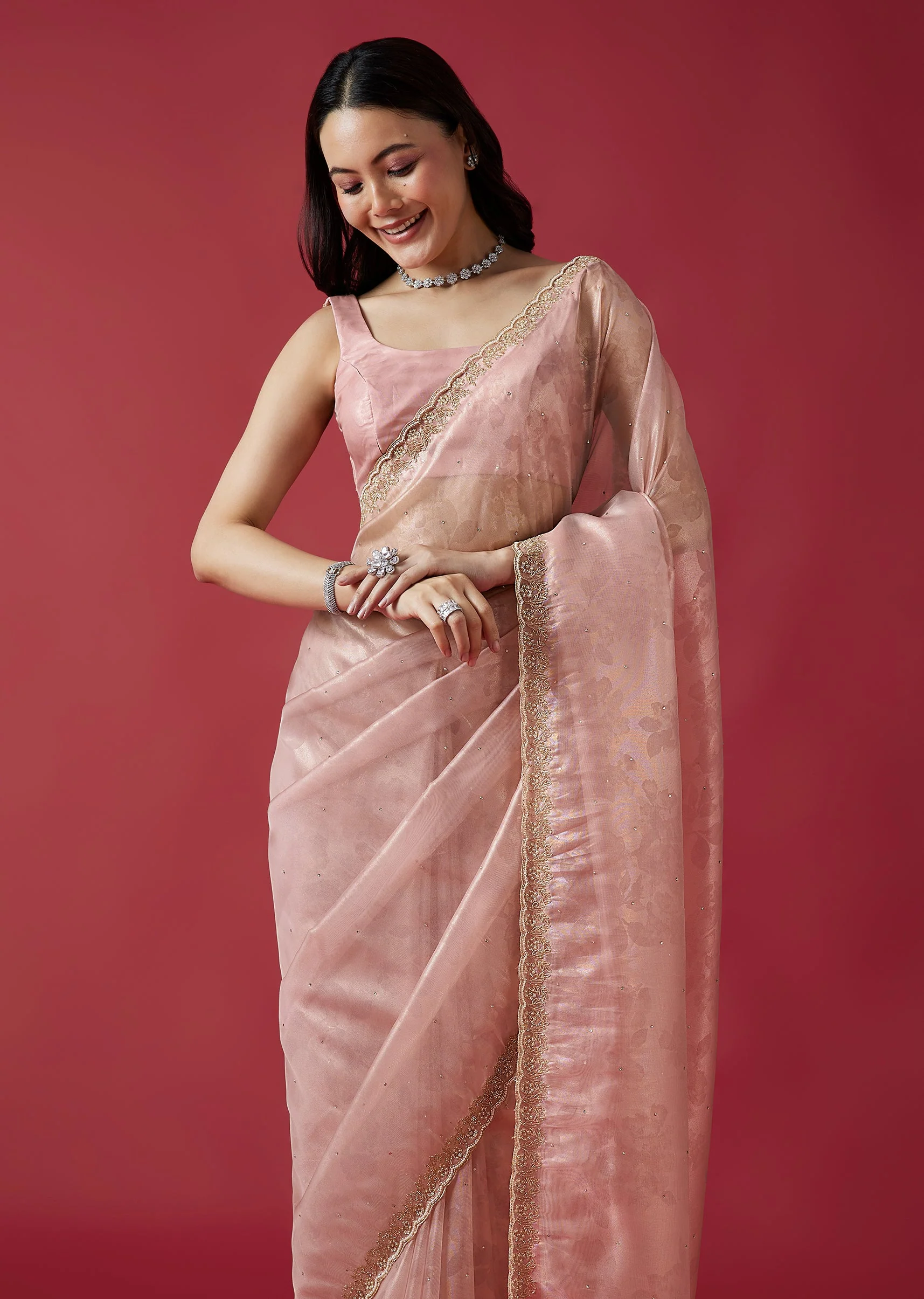 Pink Embroidered Tissue Organza Jacquard Saree With Scallop Border - Image 5