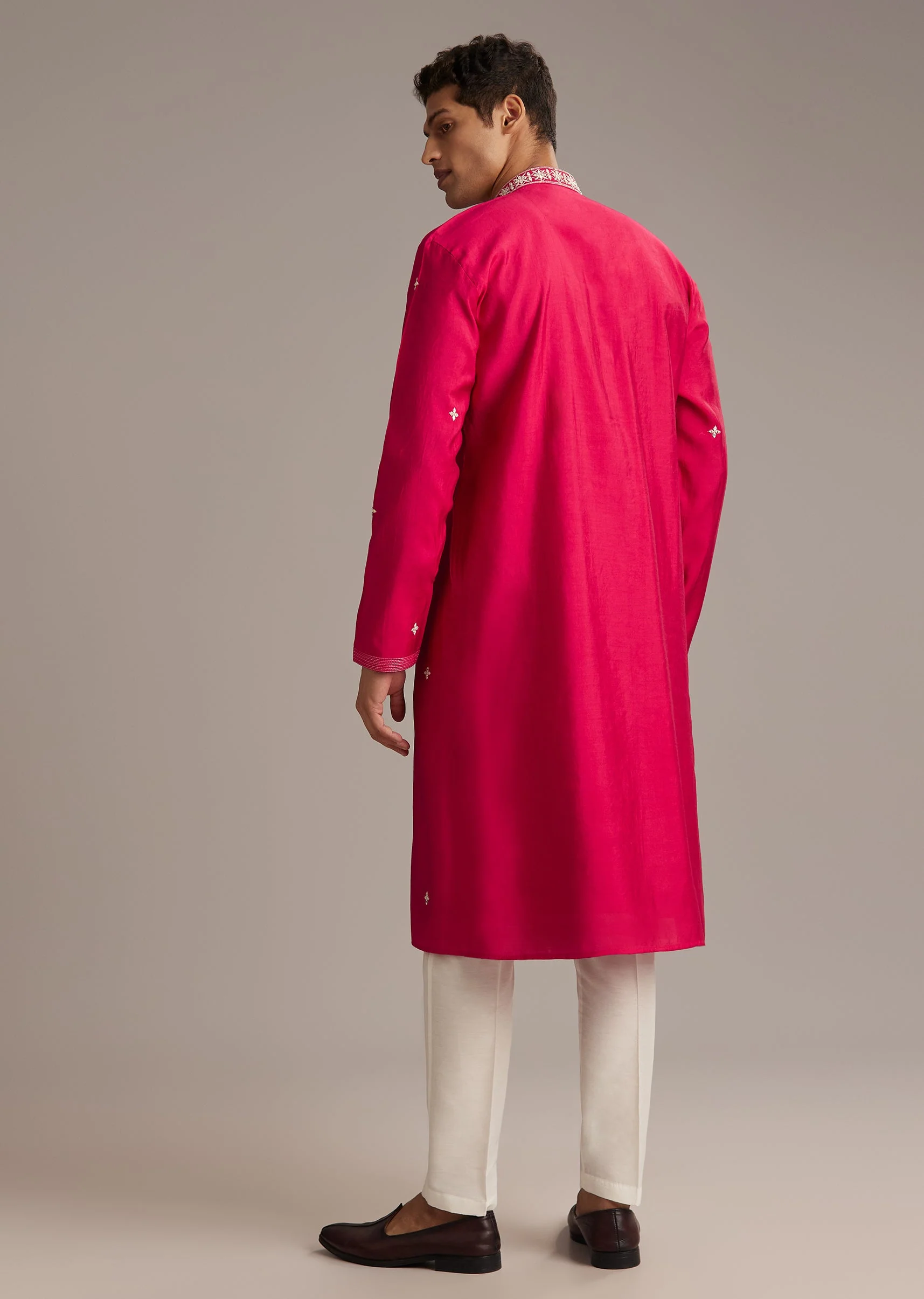 Pink Festive Coordination – Pakistani Style Palazzo Suit For Her And Pink Silk Mirror Work Kurta Set For Him - Image 10