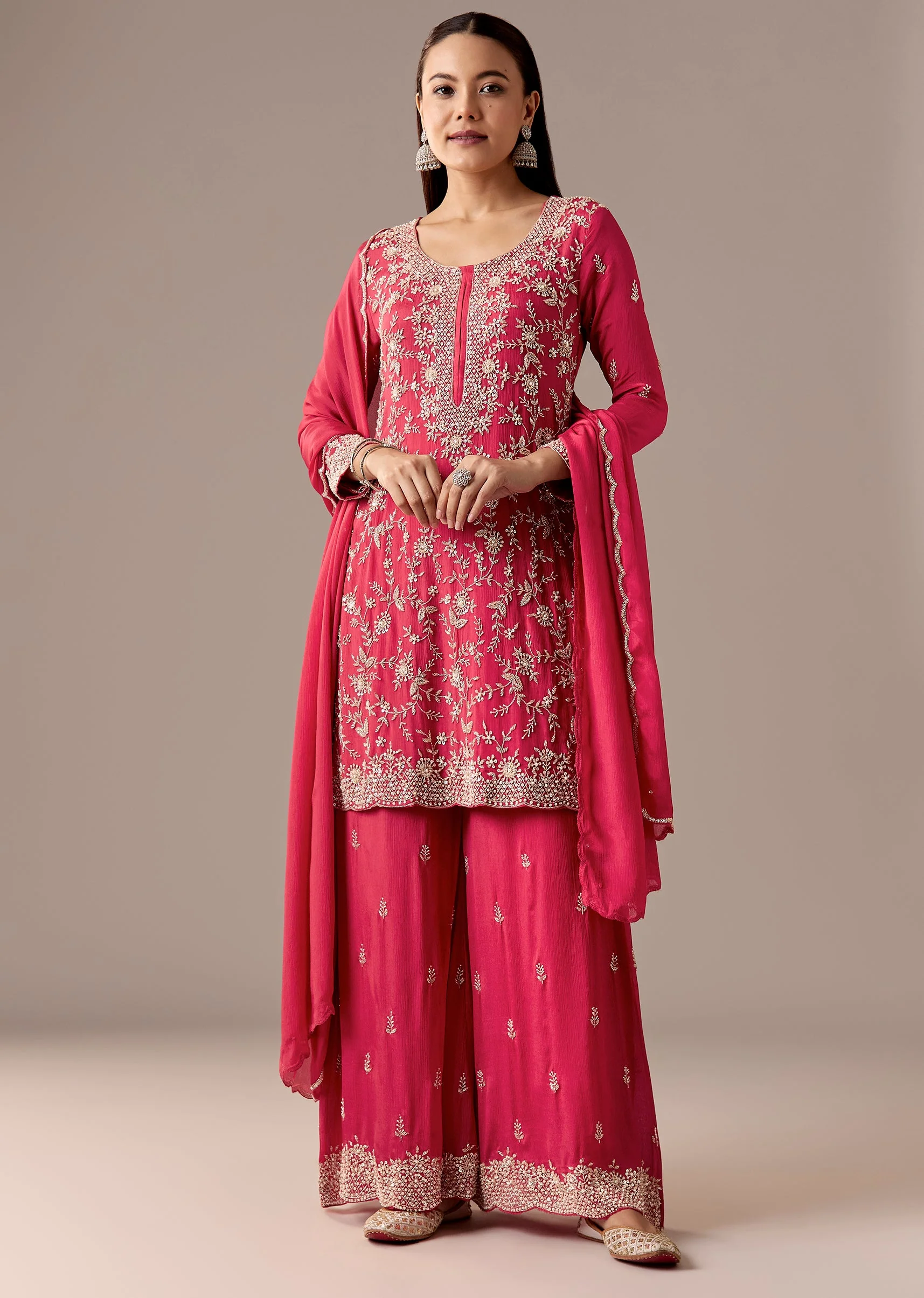 Pink Festive Coordination – Pakistani Style Palazzo Suit For Her And Pink Silk Mirror Work Kurta Set For Him - Image 3