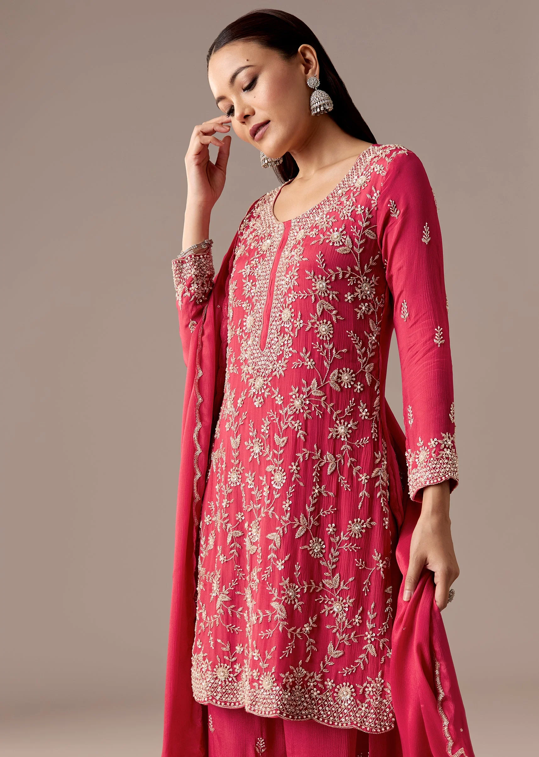 Pink Festive Coordination – Pakistani Style Palazzo Suit For Her And Pink Silk Mirror Work Kurta Set For Him - Image 4