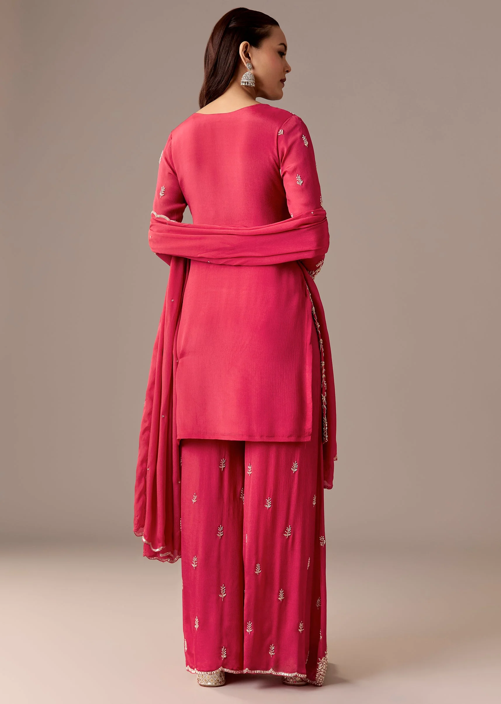 Pink Festive Coordination – Pakistani Style Palazzo Suit For Her And Pink Silk Mirror Work Kurta Set For Him - Image 6