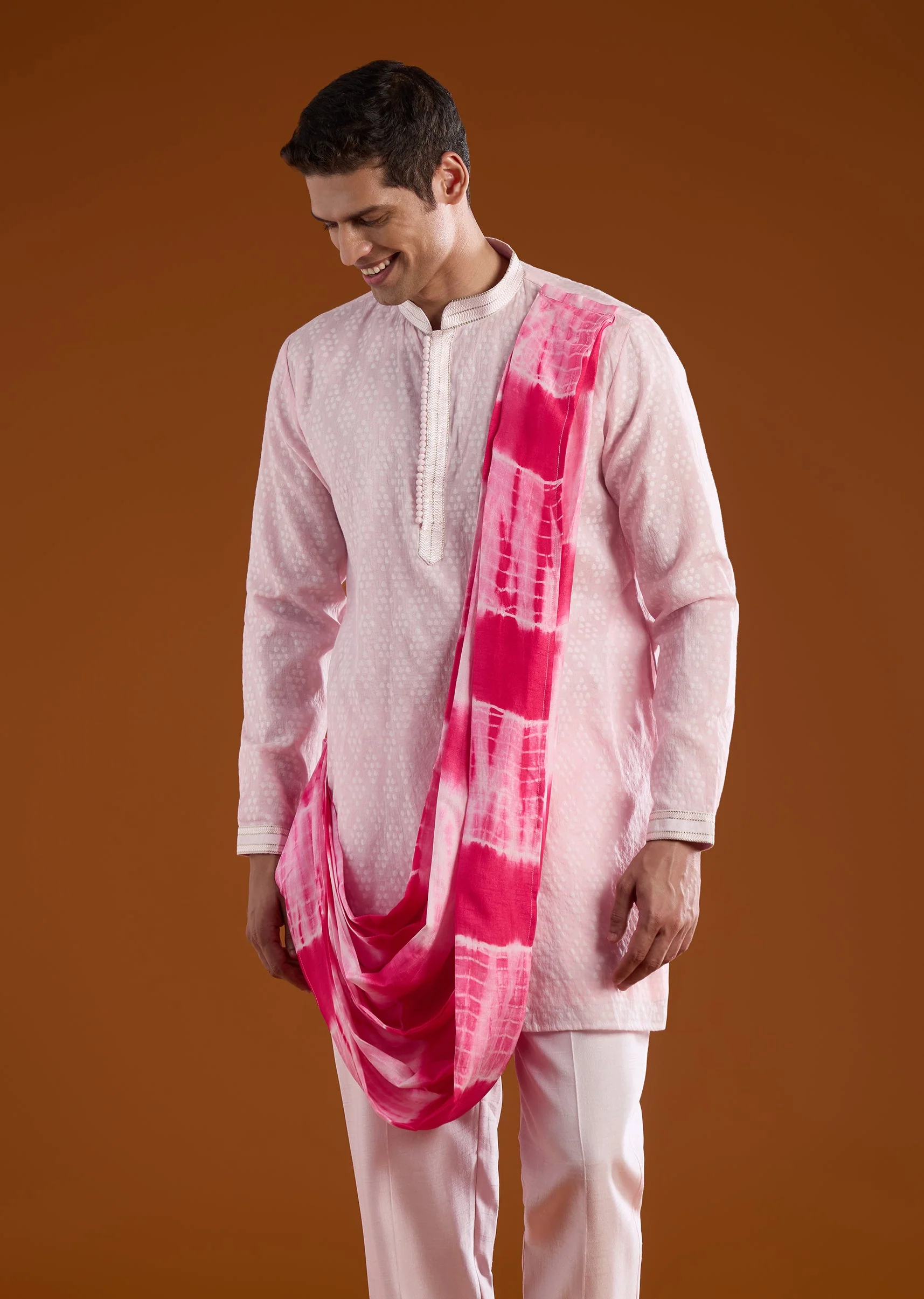 Pink Festive Duo – Bridesmaid Lehenga With Cape For Her And Silk Indo Western Jacket Set For Him - Image 10