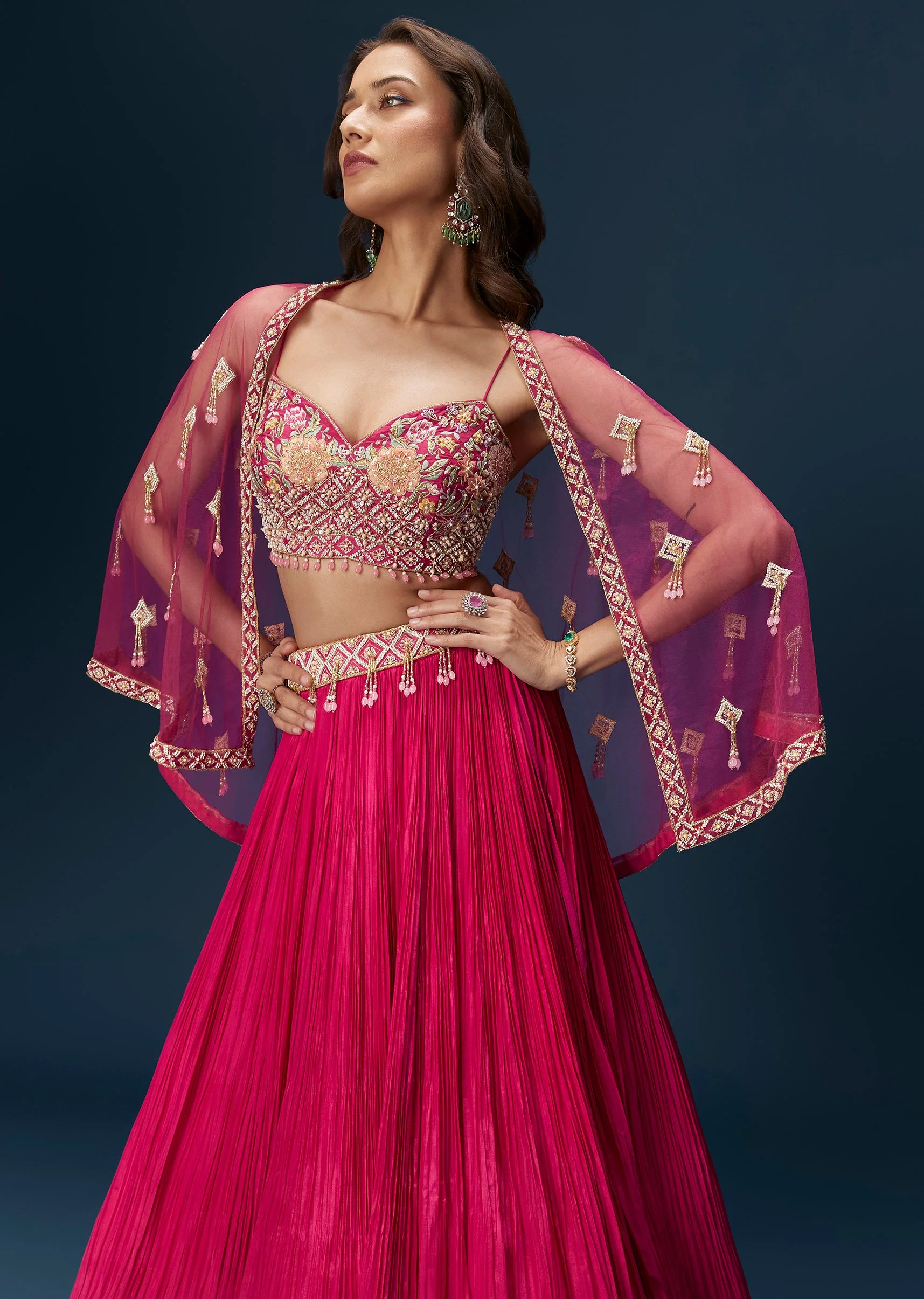 Pink Festive Duo – Bridesmaid Lehenga With Cape For Her And Silk Indo Western Jacket Set For Him - Image 3