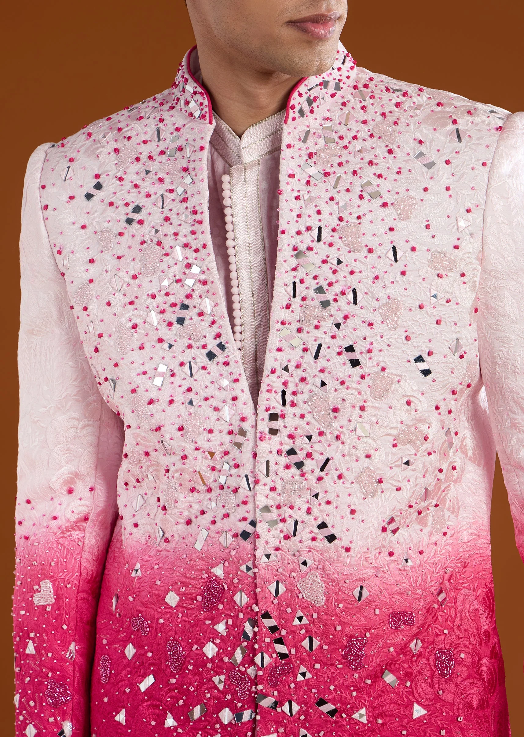 Pink Festive Duo – Bridesmaid Lehenga With Cape For Her And Silk Indo Western Jacket Set For Him - Image 6