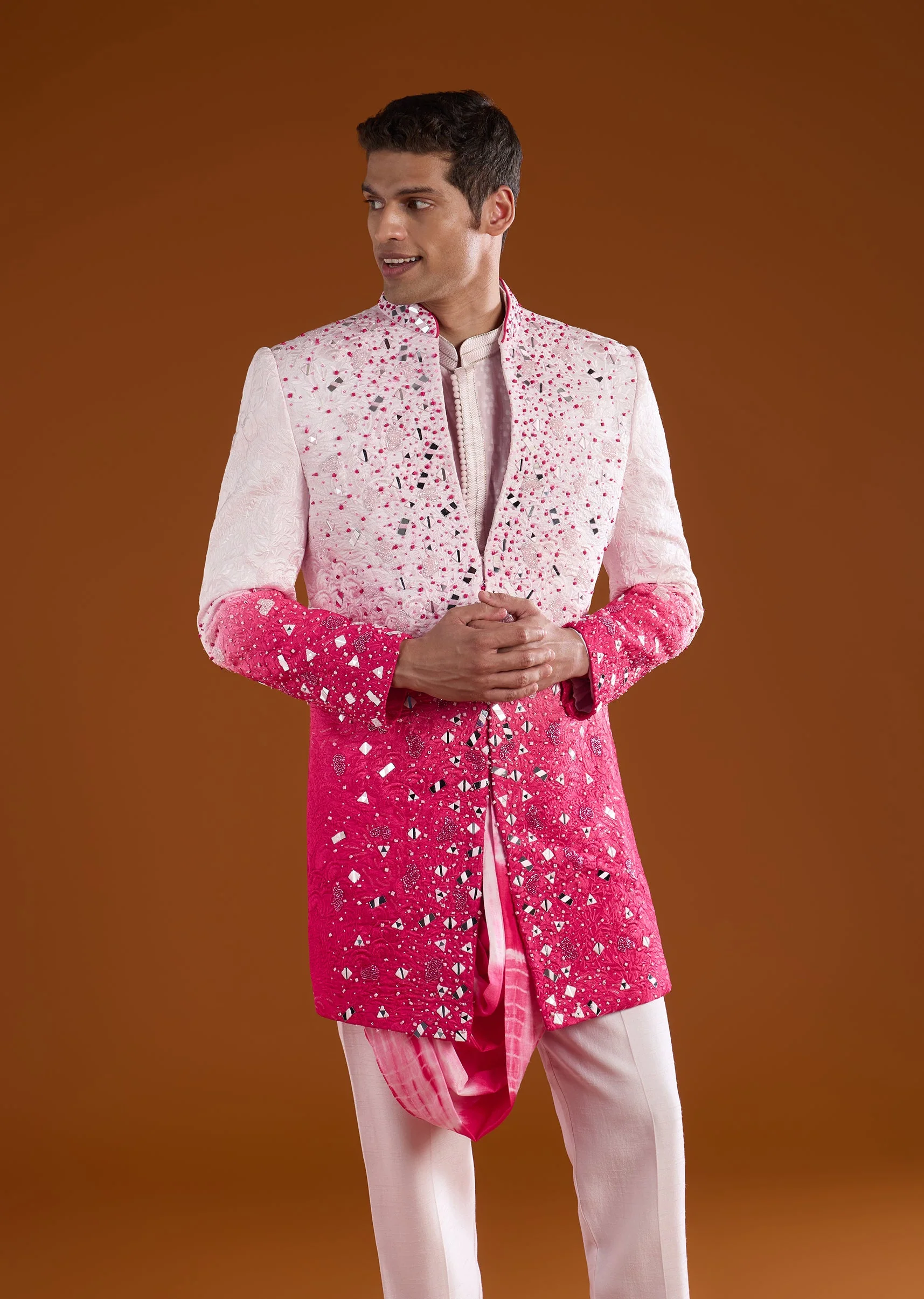Pink Festive Duo – Bridesmaid Lehenga With Cape For Her And Silk Indo Western Jacket Set For Him - Image 8