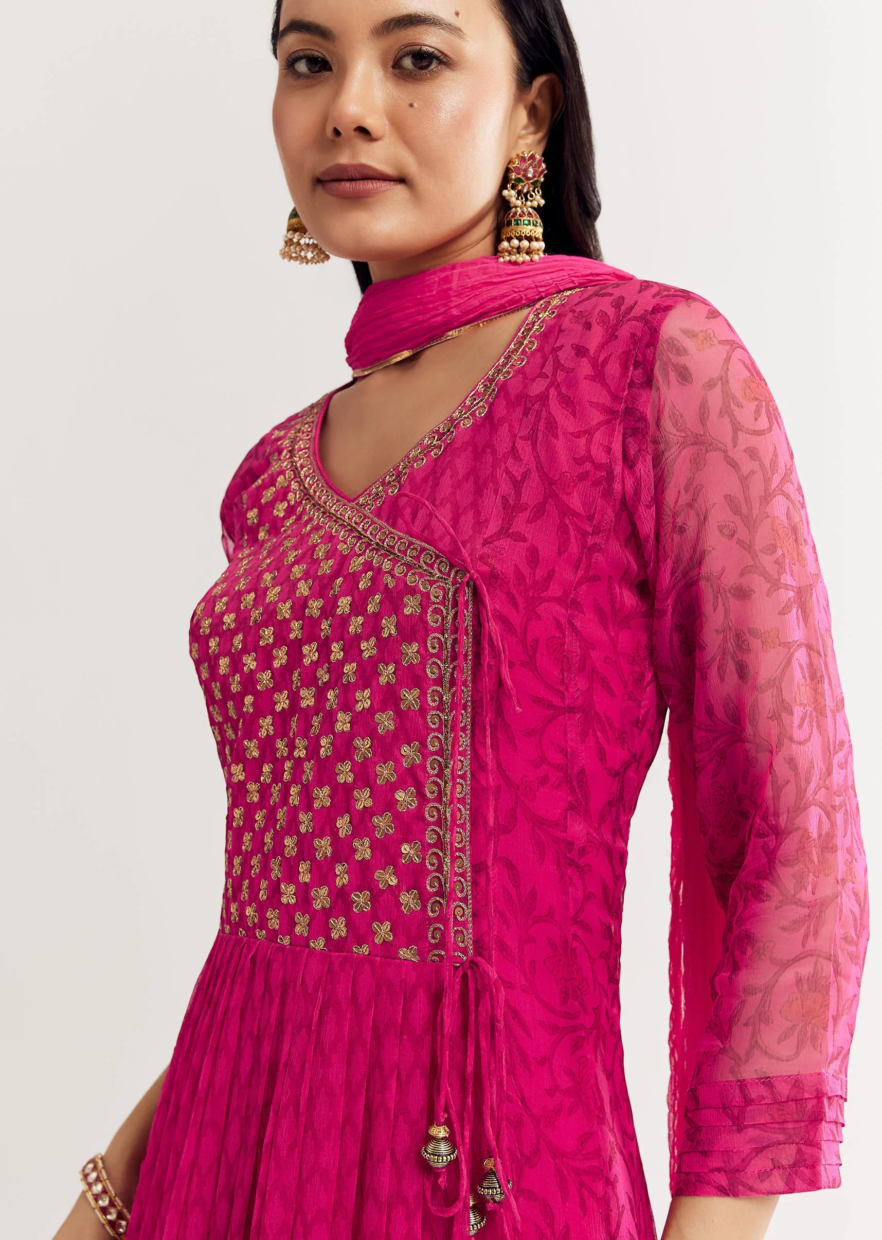 Pink Floral Chiffon Anarkali Kurta Set With Dupatta - Image 4