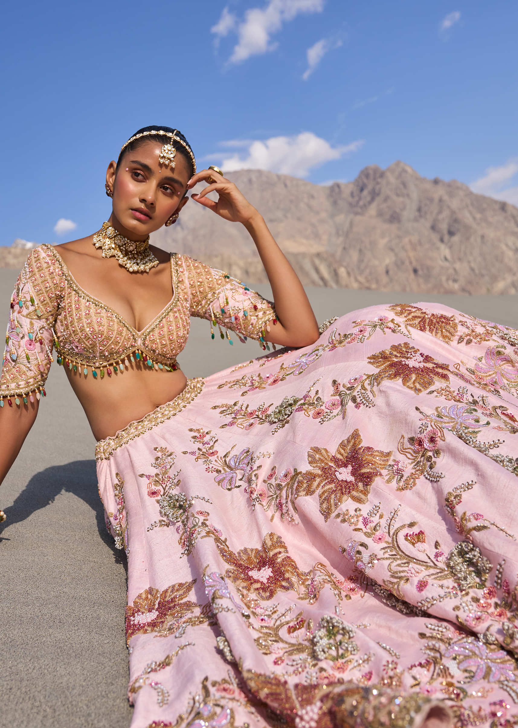 Pink Floral Embroidered Bridal Lehenga With Two Dupattas - Image 3