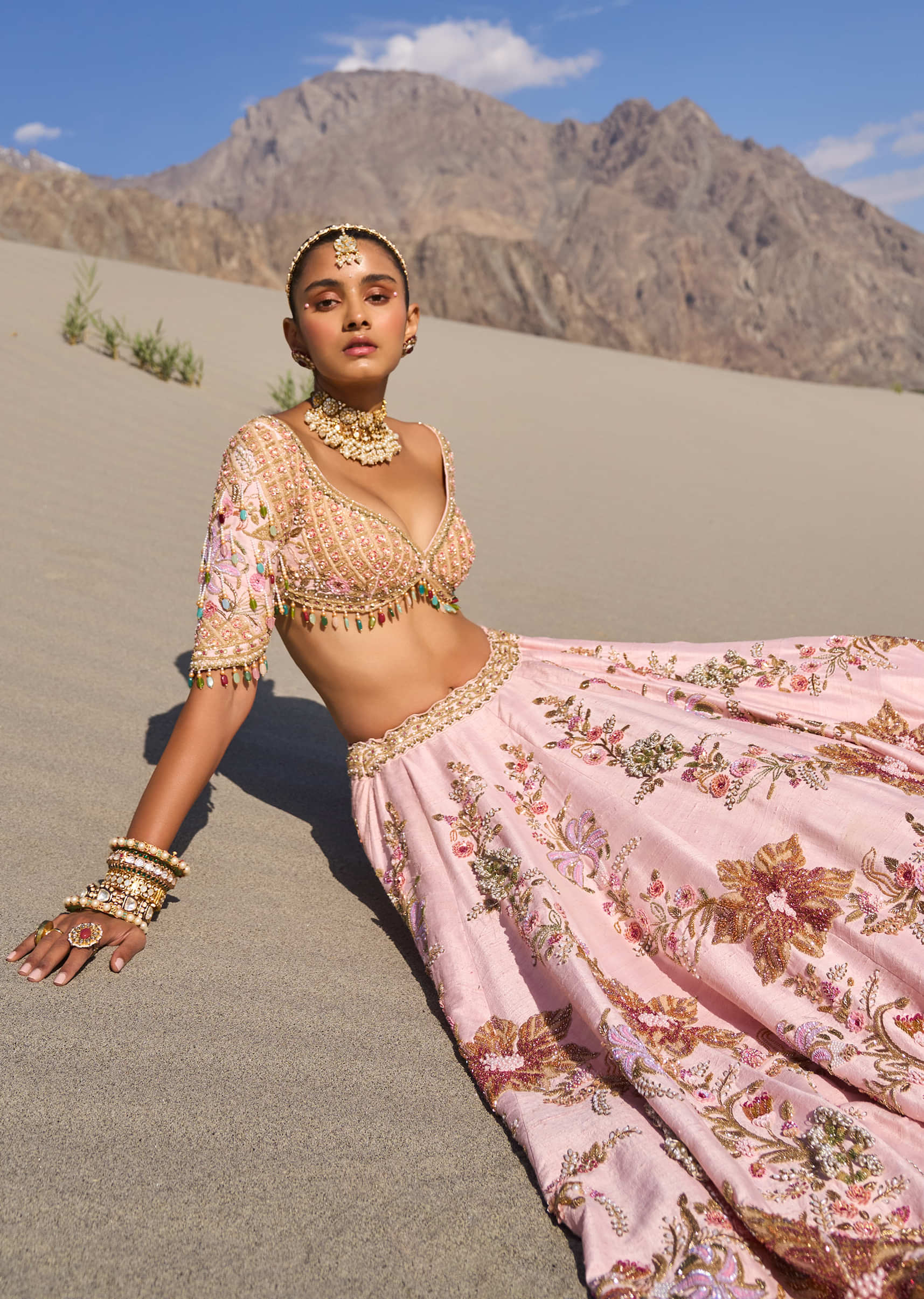 Pink Floral Embroidered Bridal Lehenga With Two Dupattas - Image 4