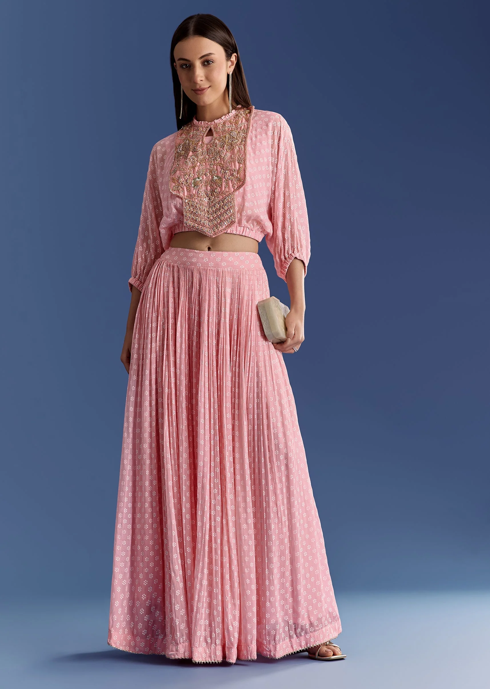 Pink Floral Georgette Lehenga Set With Zardosi Croptop - Image 4