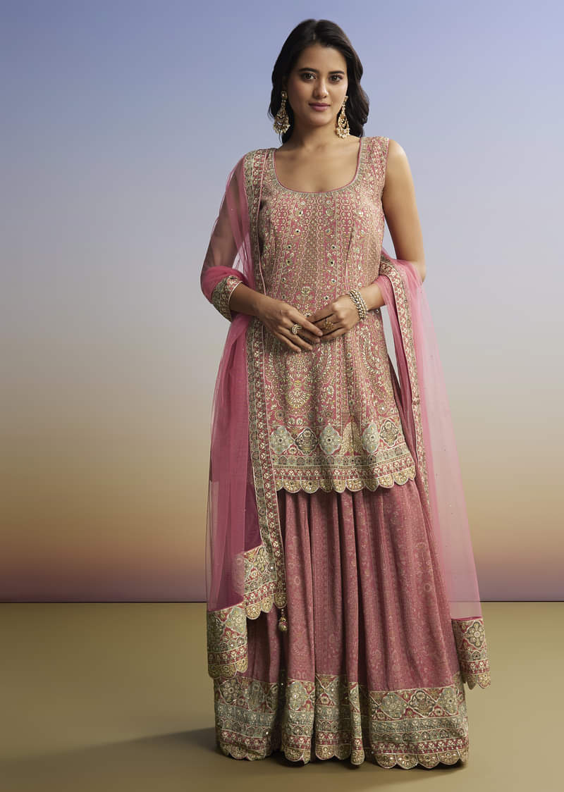 Pink Floral Palazzo Set With Dupatta - Image 3