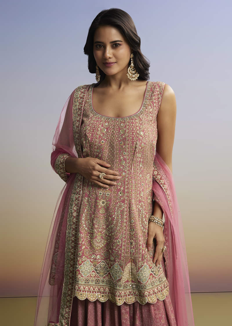 Pink Floral Palazzo Set With Dupatta - Image 4