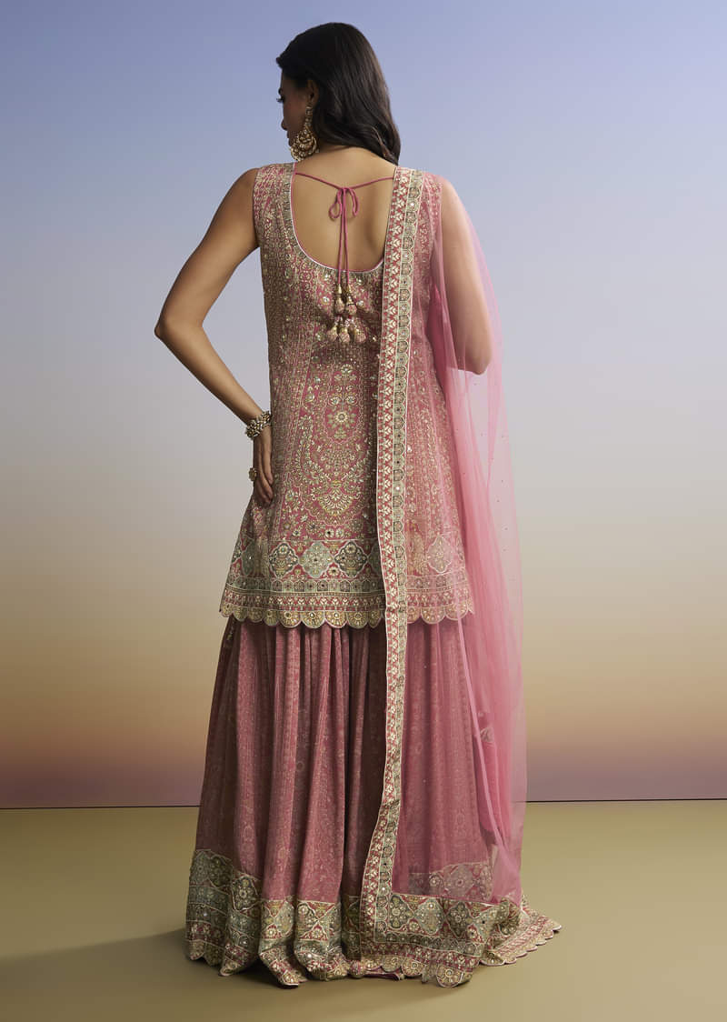 Pink Floral Palazzo Set With Dupatta - Image 5