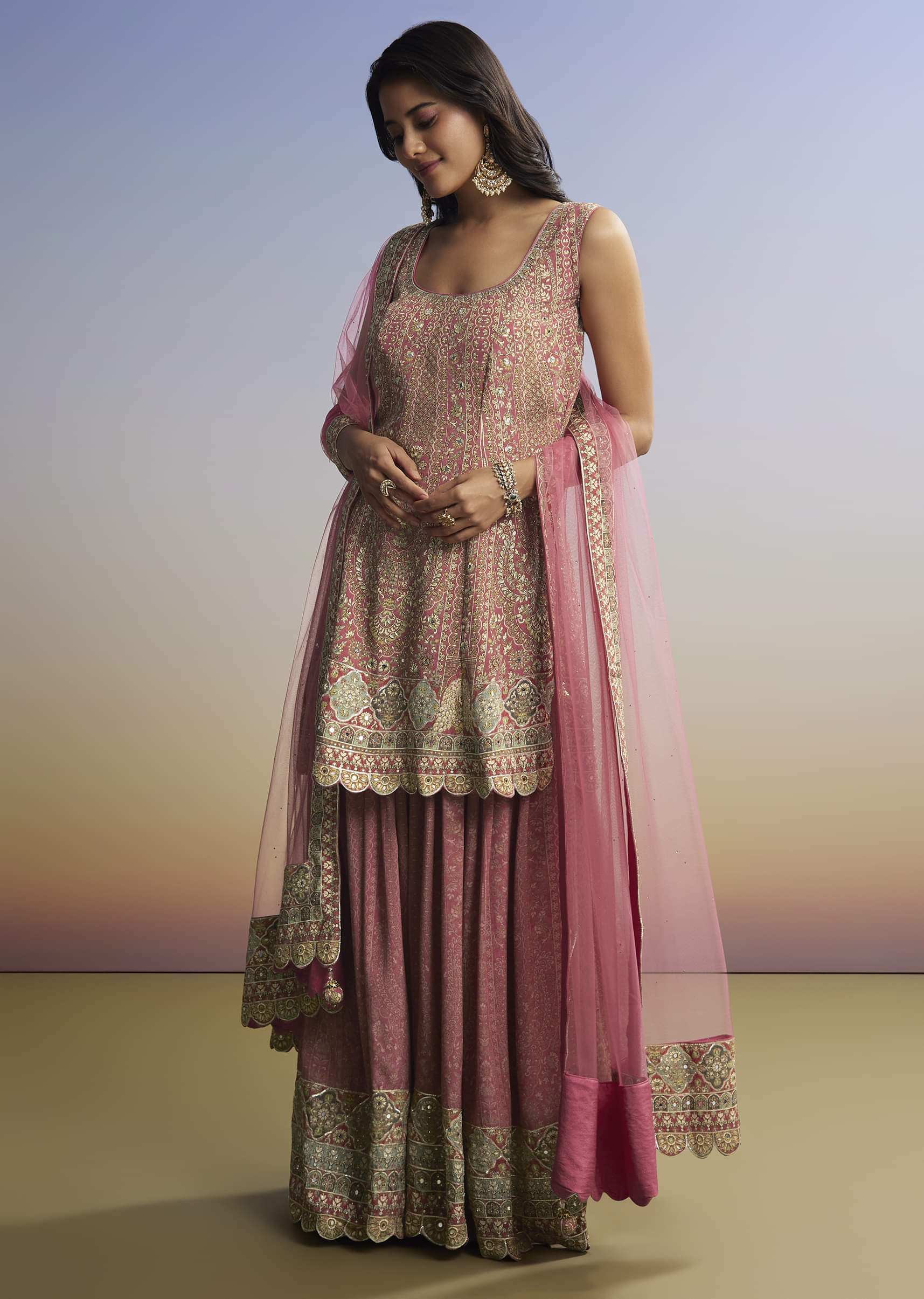 Pink Floral Palazzo Set With Dupatta - Image 6