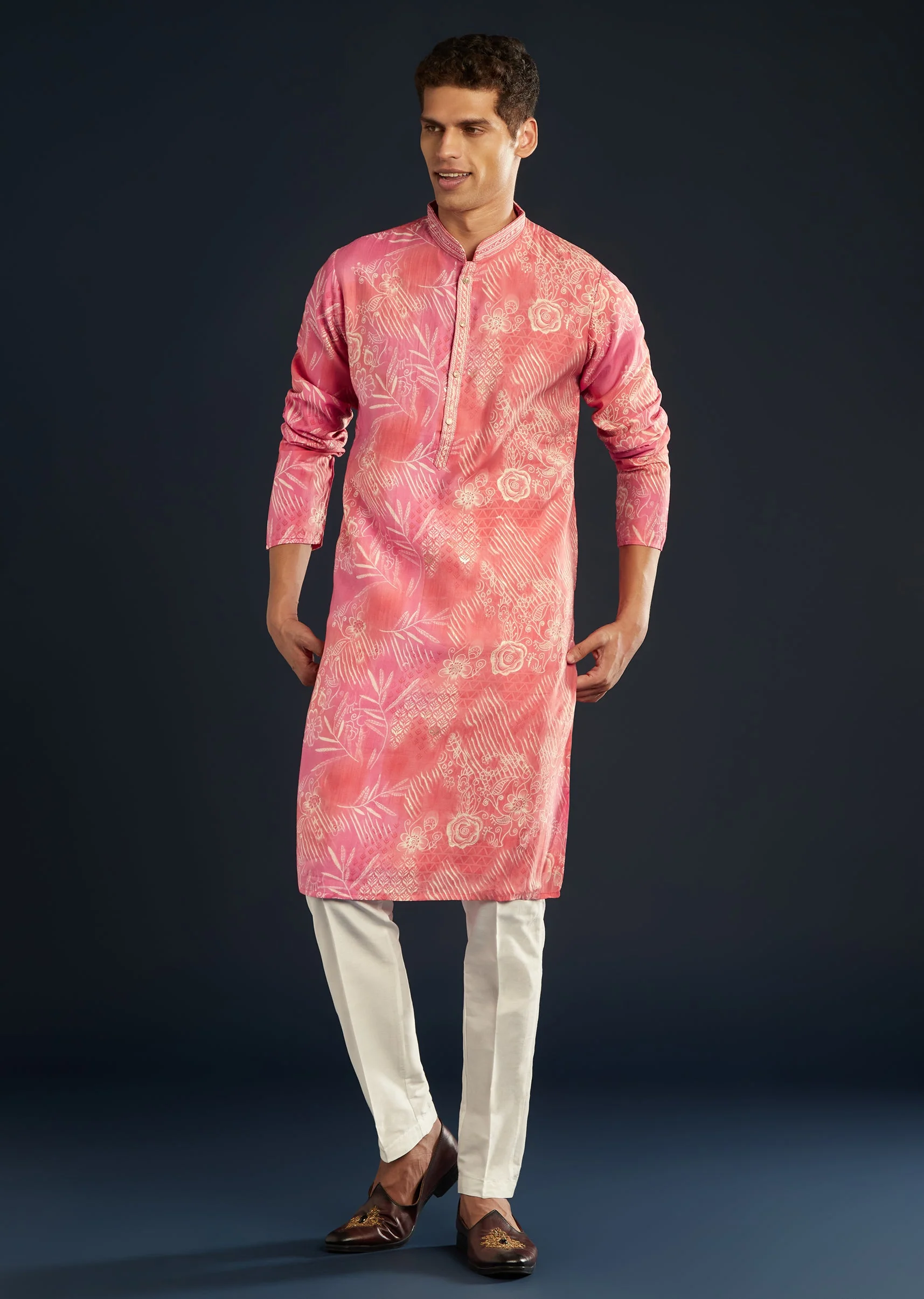 Pink Floral Print Viscose Kurta and Pant Set
