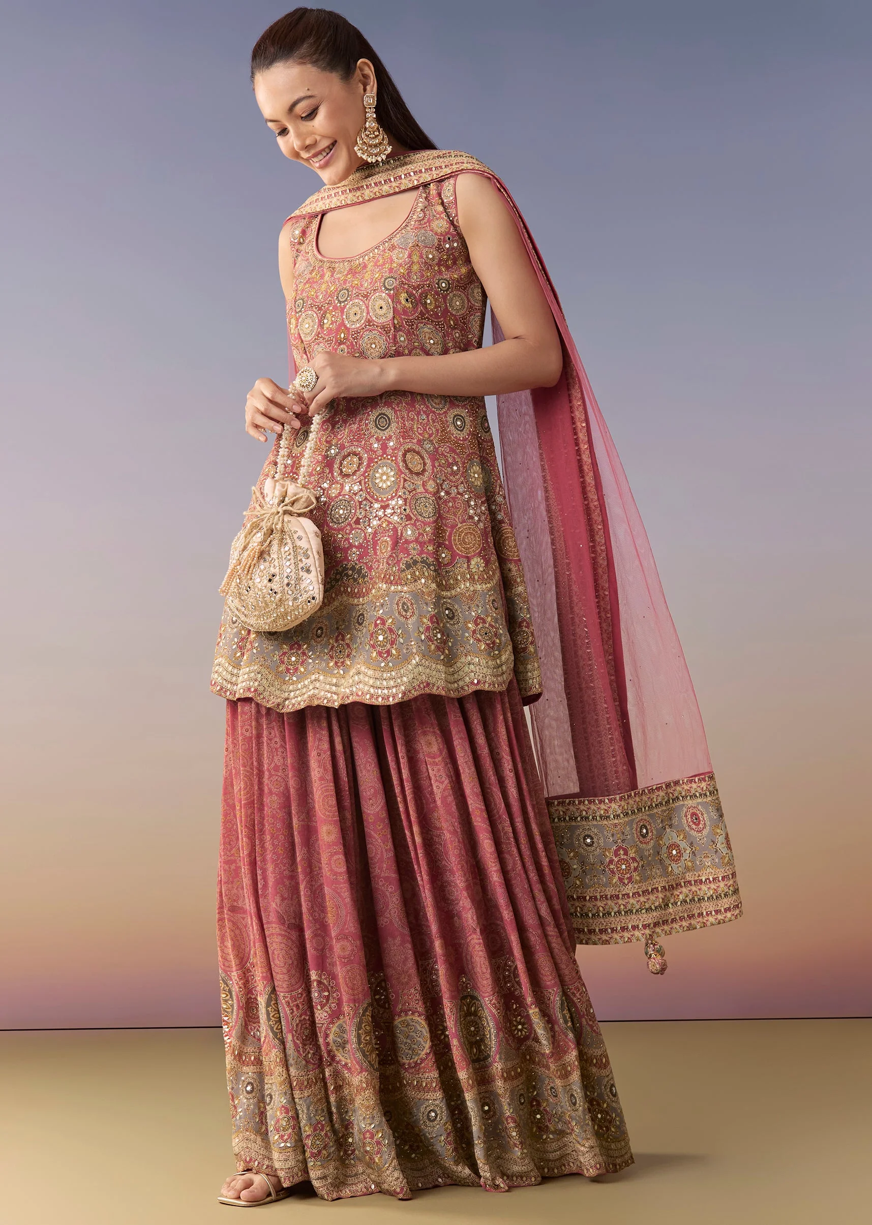 Pink Floral Printed Palazzo Set With Dupatta