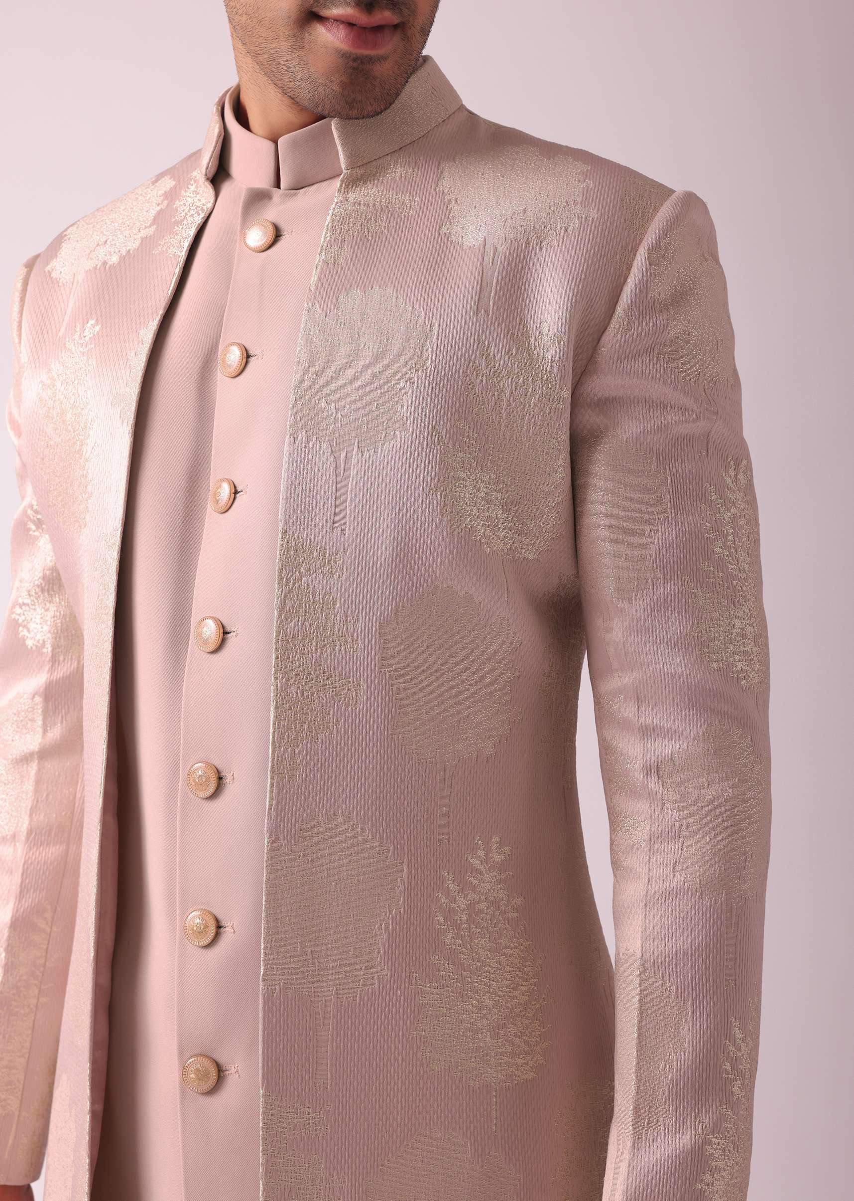 Pink Foil Print Jacquard Indowestern Set - Image 2