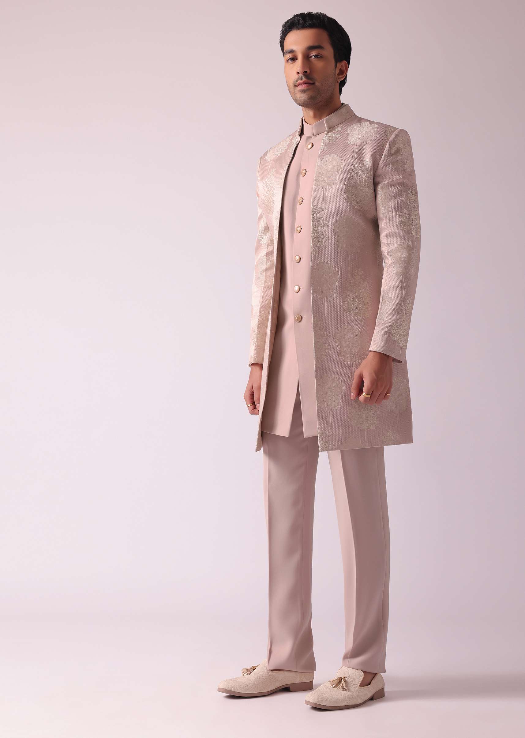Pink Foil Print Jacquard Indowestern Set - Image 3