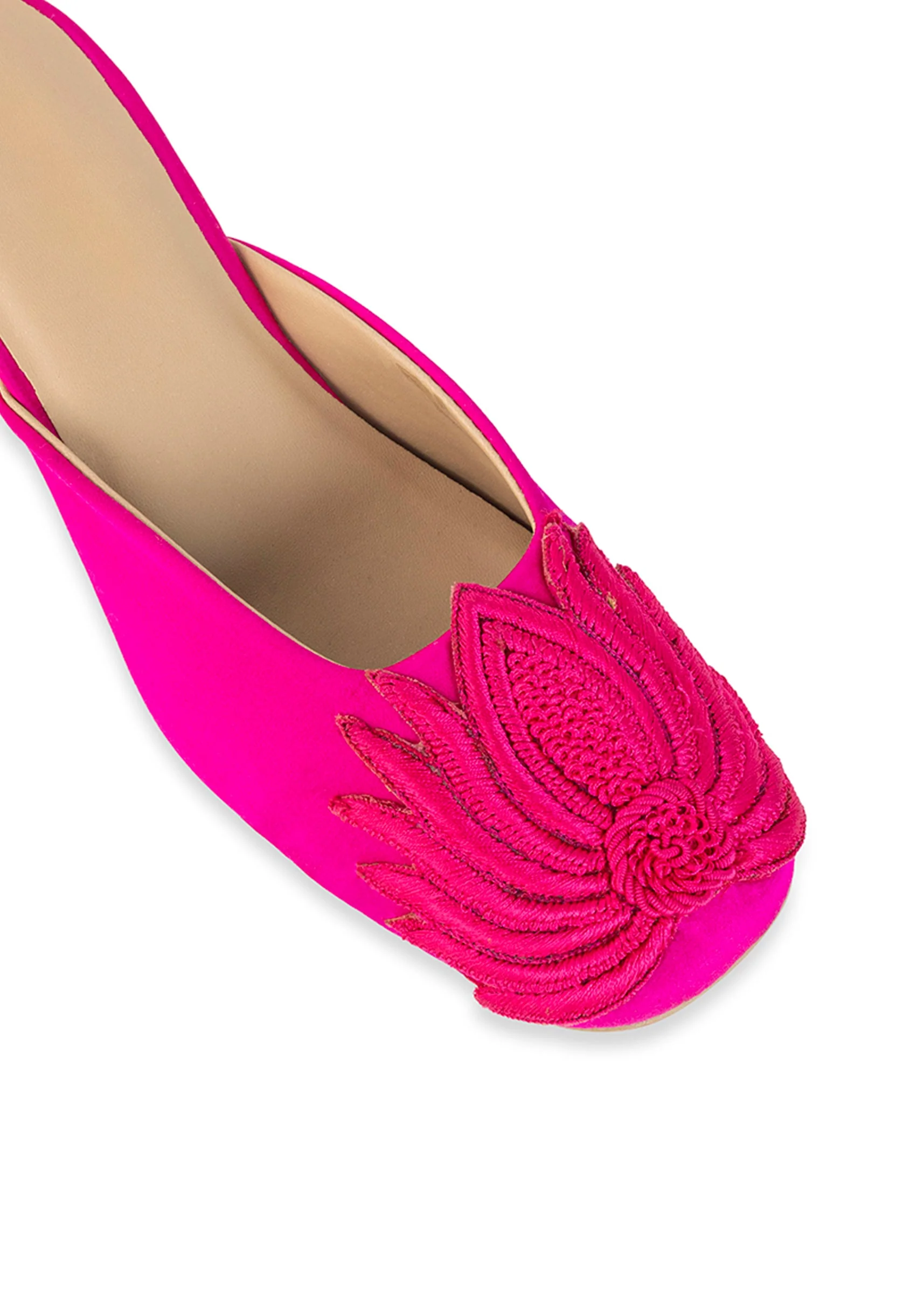 Pink Fuschia Satin Lotus Motif Heel Mules - Image 3