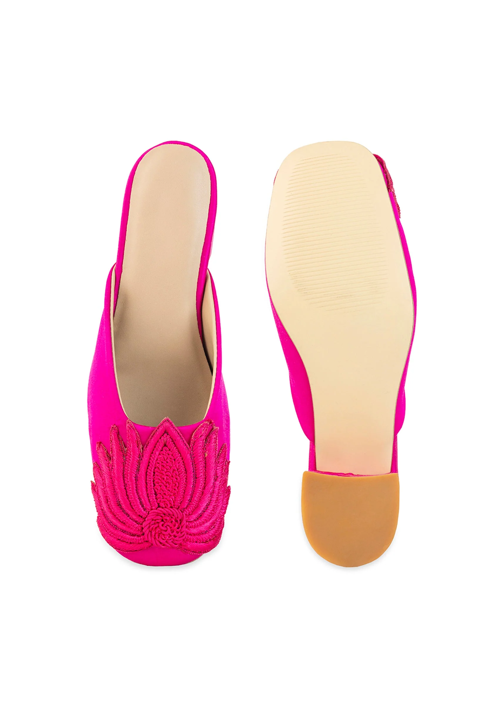 Pink Fuschia Satin Lotus Motif Heel Mules - Image 4