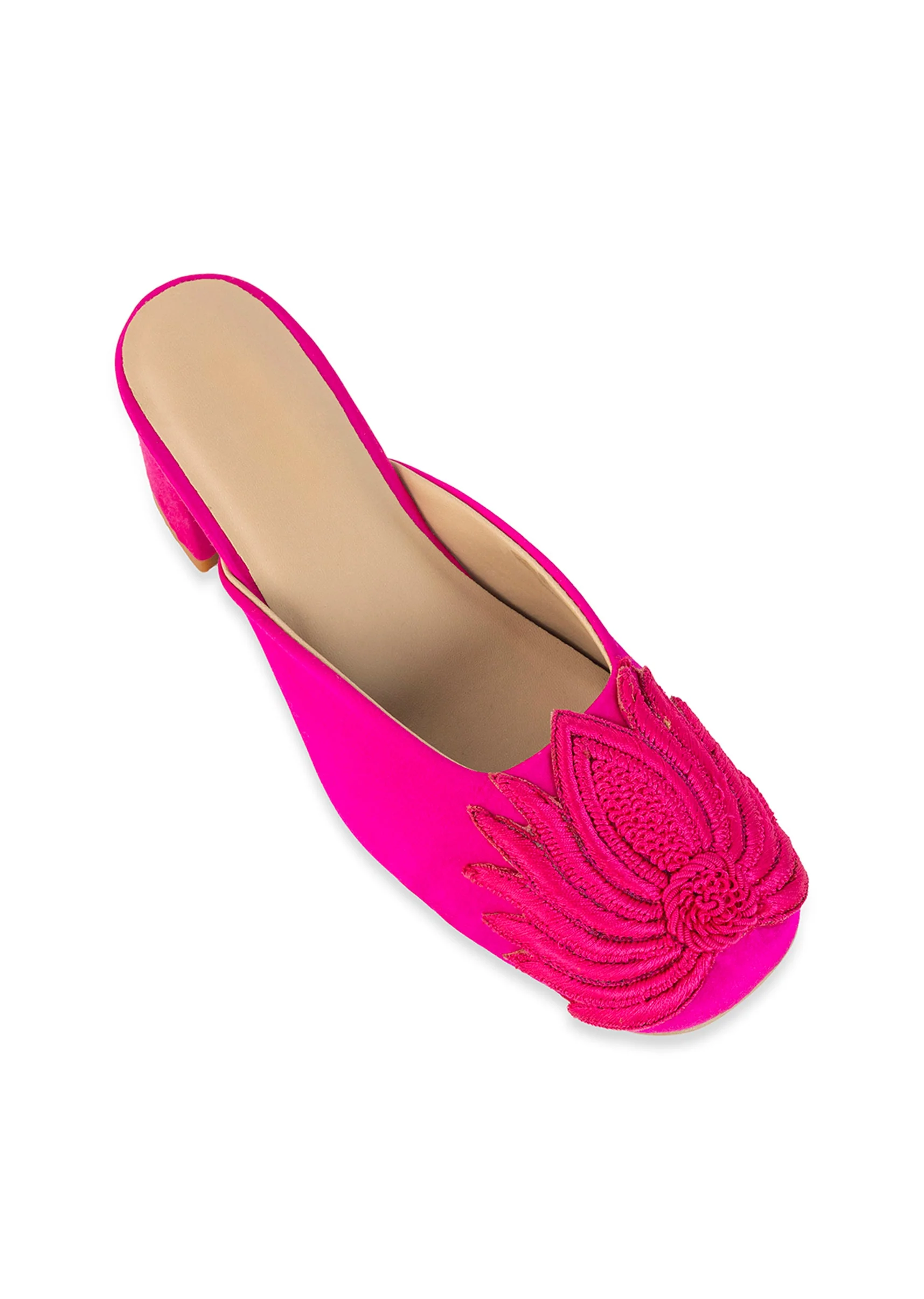 Pink Fuschia Satin Lotus Motif Heel Mules - Image 5