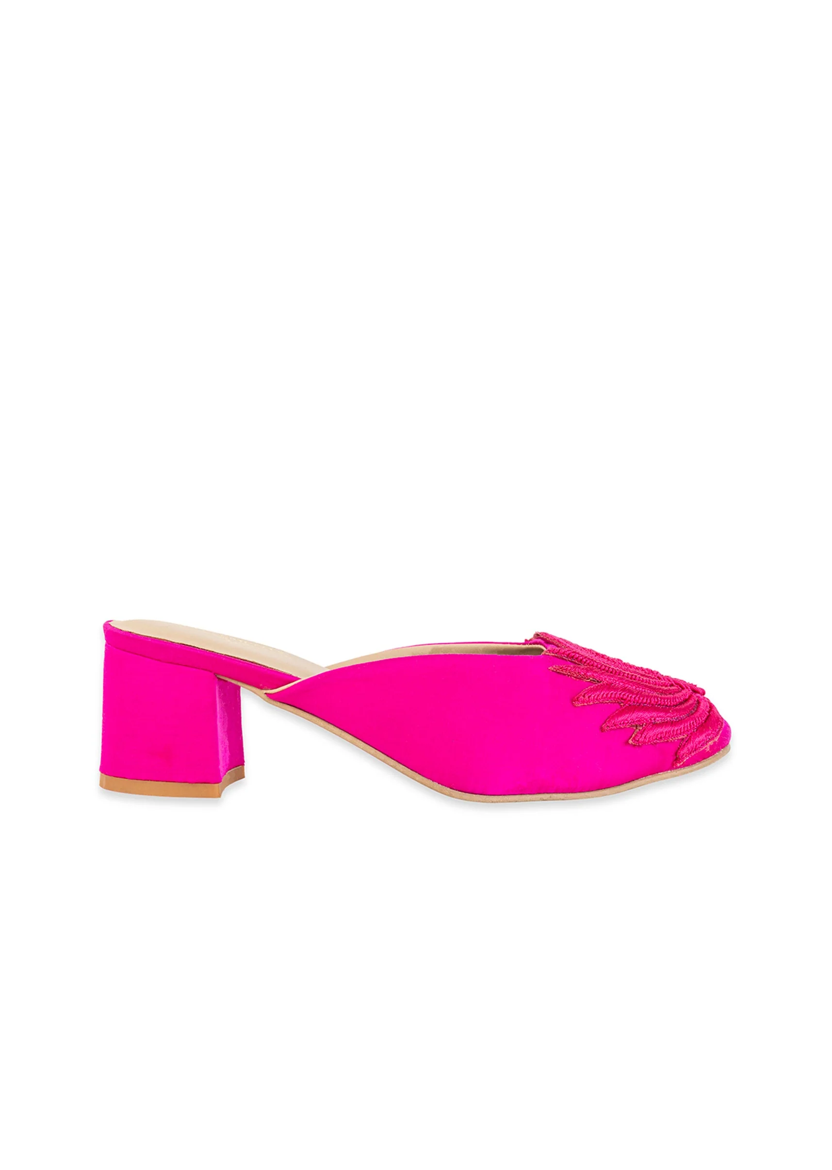 Pink Fuschia Satin Lotus Motif Heel Mules - Image 6