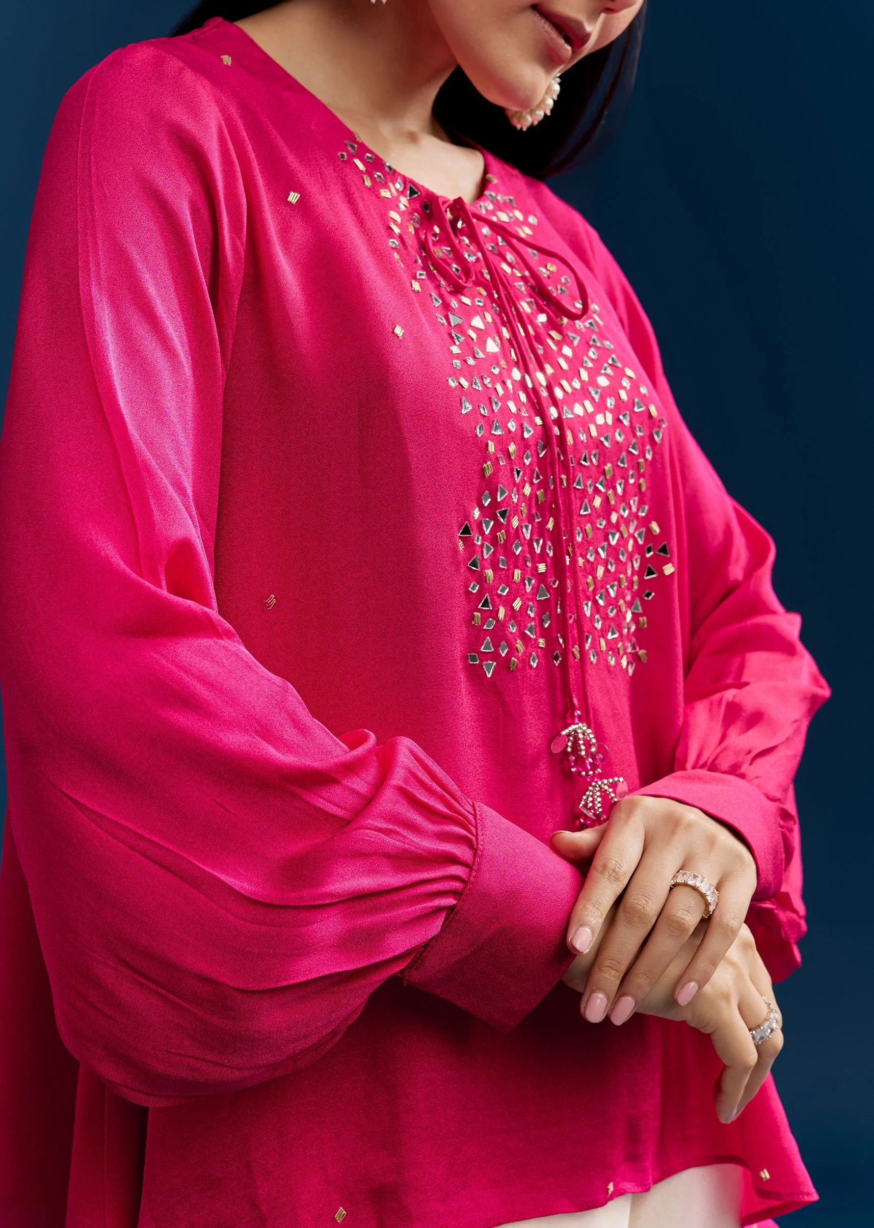 Pink Georgette Crop Top With Mirror Work - Image 2